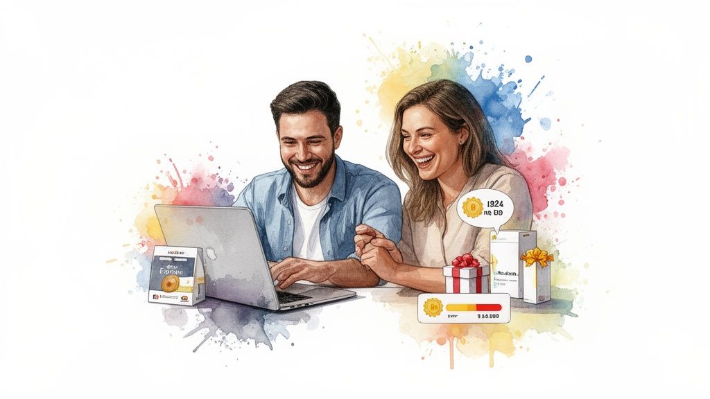 A happy couple smiling while looking at a laptop, surrounded by gift boxes and reward badges.