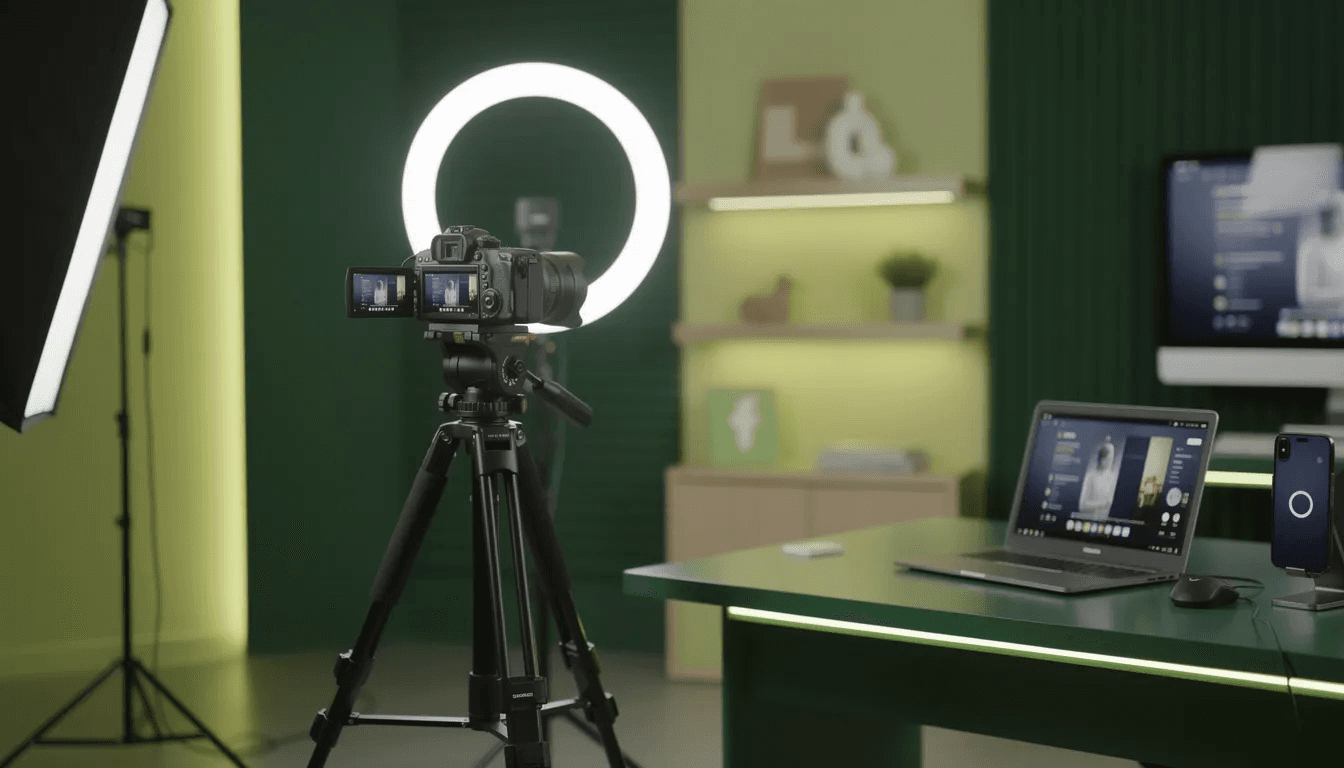 Dans un studio moderne, un équipement professionnel d'enregistrement vidéo est mis en avant, comprenant des lumières à anneau et une caméra, le tout dans des teintes lime et forest. Cet environnement est idéal pour les créateurs de contenu souhaitant développer leur marque personnelle sur les réseaux sociaux et améliorer leur visibilité.