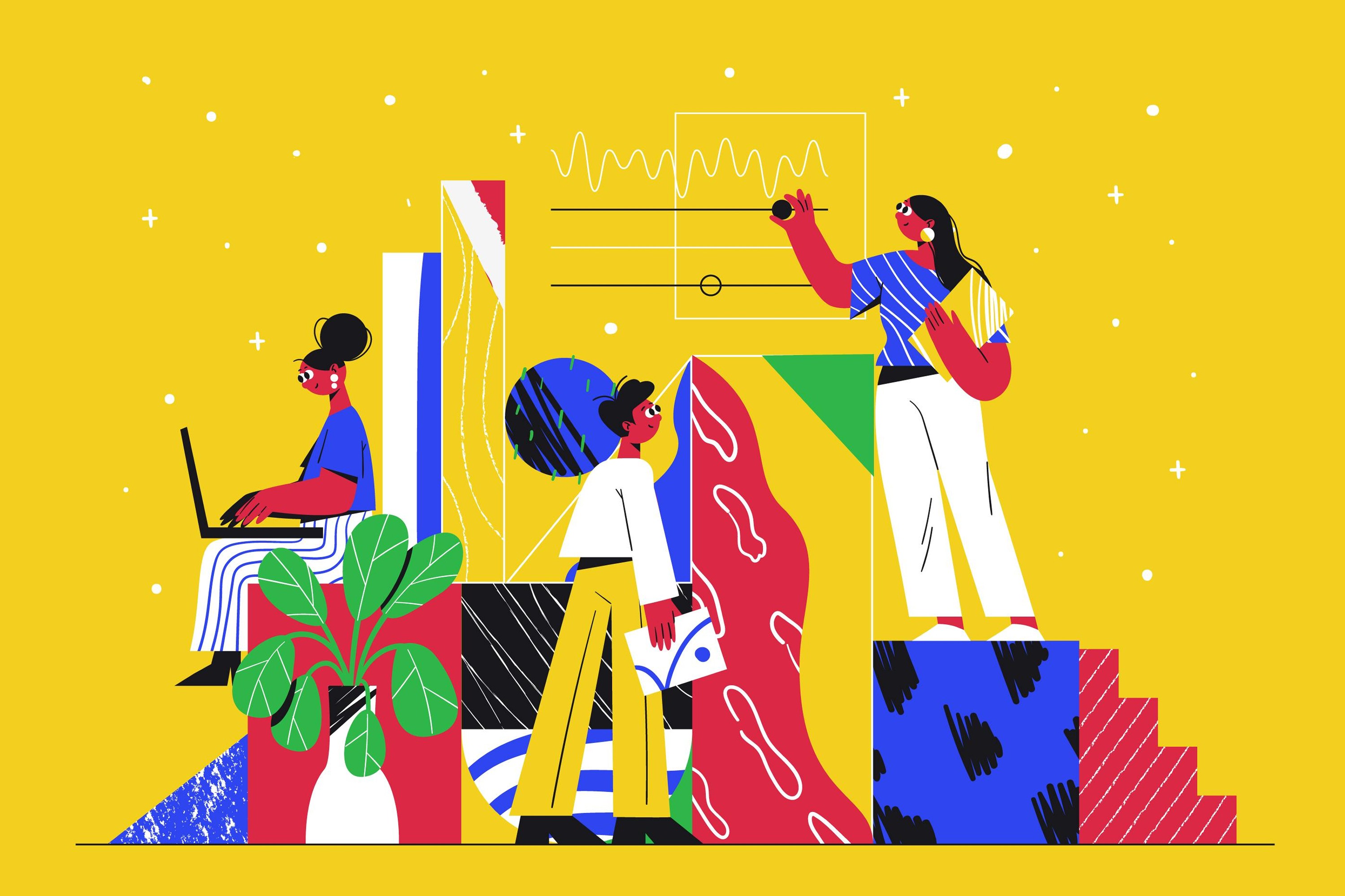 illustration of three marketers fine-tuning campaign performance and calibrating the marketing mix in real time.