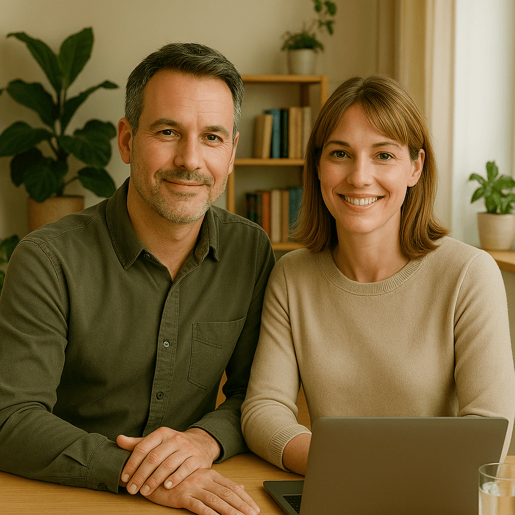 A man in a dark sweater and a woman in glasses wearing a navy blouse sit together at a desk, smiling at the camera with a laptop in front of them.