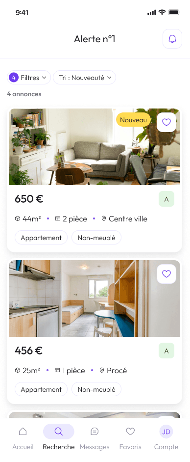 Une liste de résultats de recherche au sein de l'application mobile Studyhome.