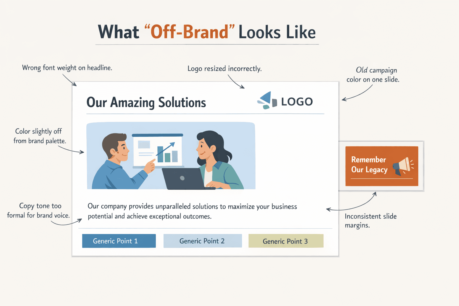 Slide mockup with six labeled callouts showing common off-brand elements in sales presentations: wrong font weight, incorrect logo sizing, off-palette color, mismatched copy tone, inconsistent margins, and outdated campaign color.