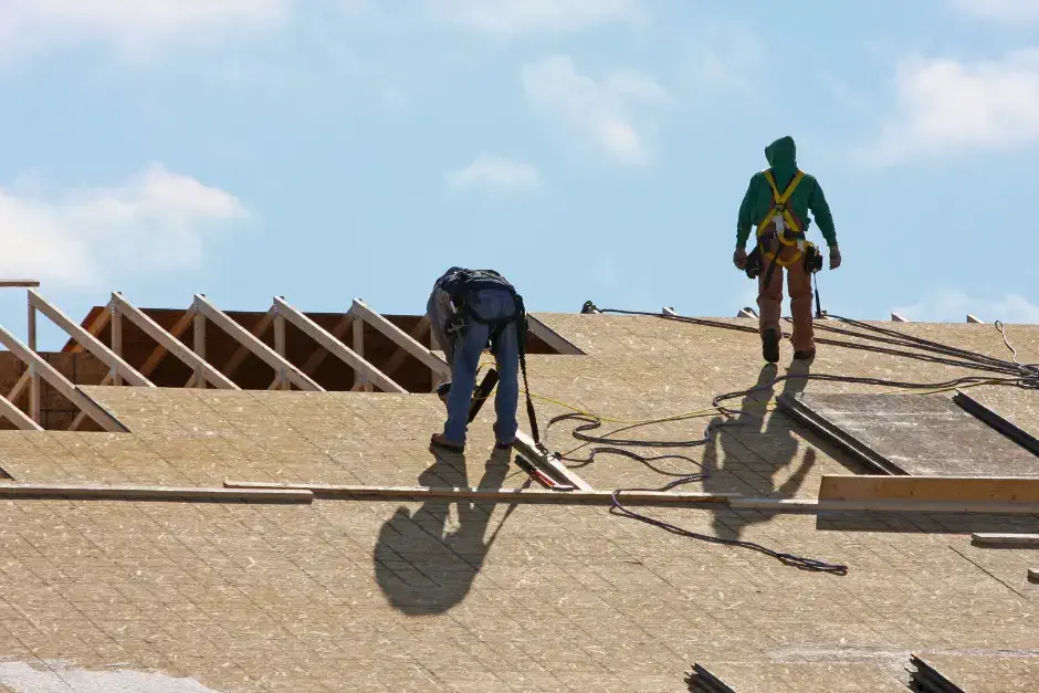Roofers laying plyfood on roof frame to install new roof on building