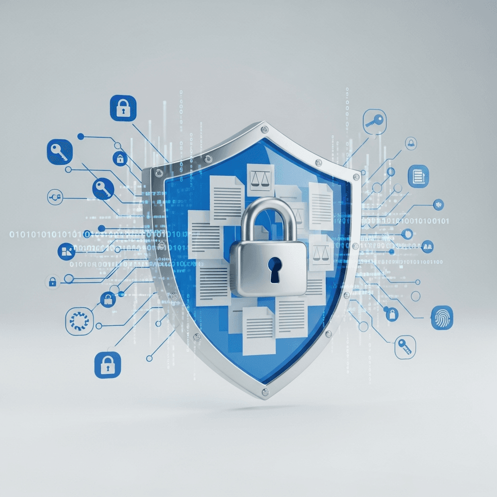 A secure digital shield with lock symbol protecting floating legal documents and files, surrounded by encrypted data streams and security icons, modern minimalist style, professional blue and silver color scheme, clean composition representing data protection and confidentiality, photorealistic 3D rendering