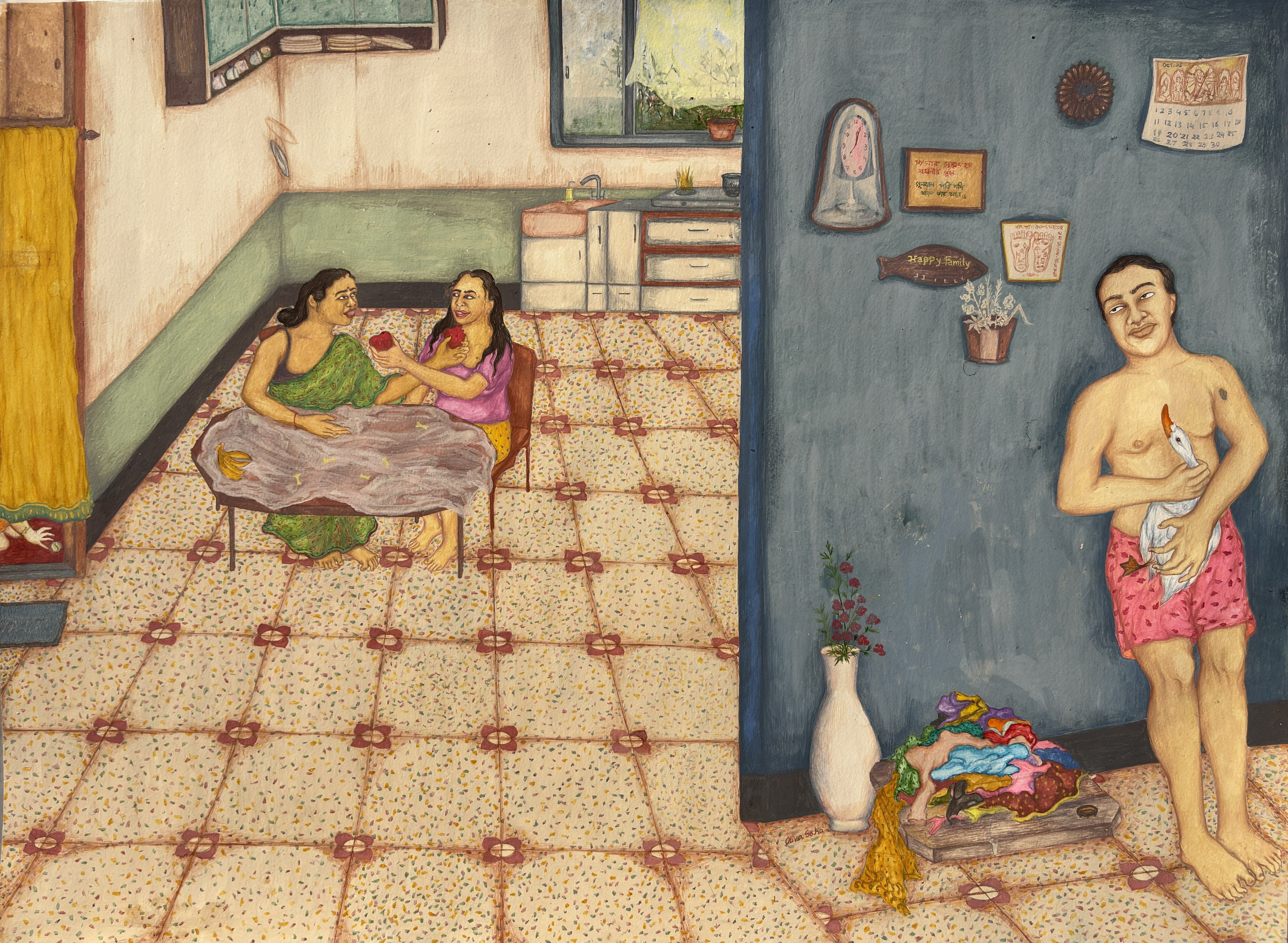 herd of sheep on road painting