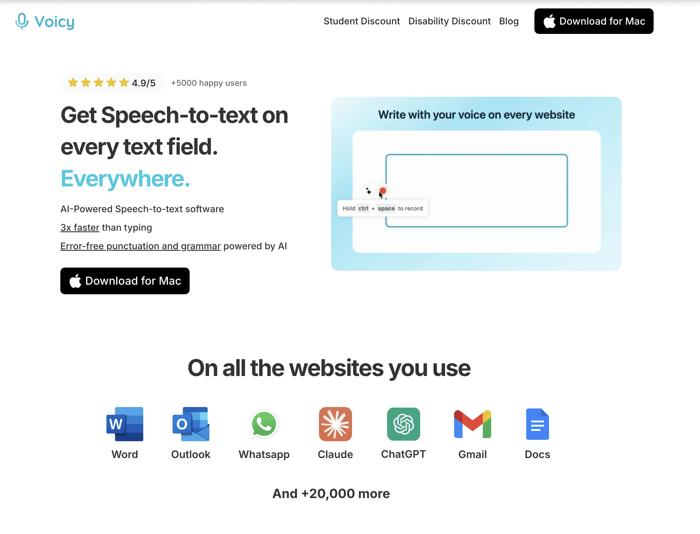 Voicy Speech to Text App homepage screenshot