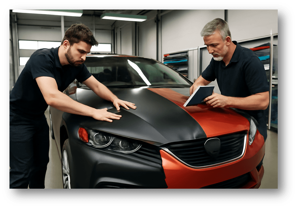 Car Wrapping Schulung mit mattschwarzer Vinylapplikation in der Werkstatt