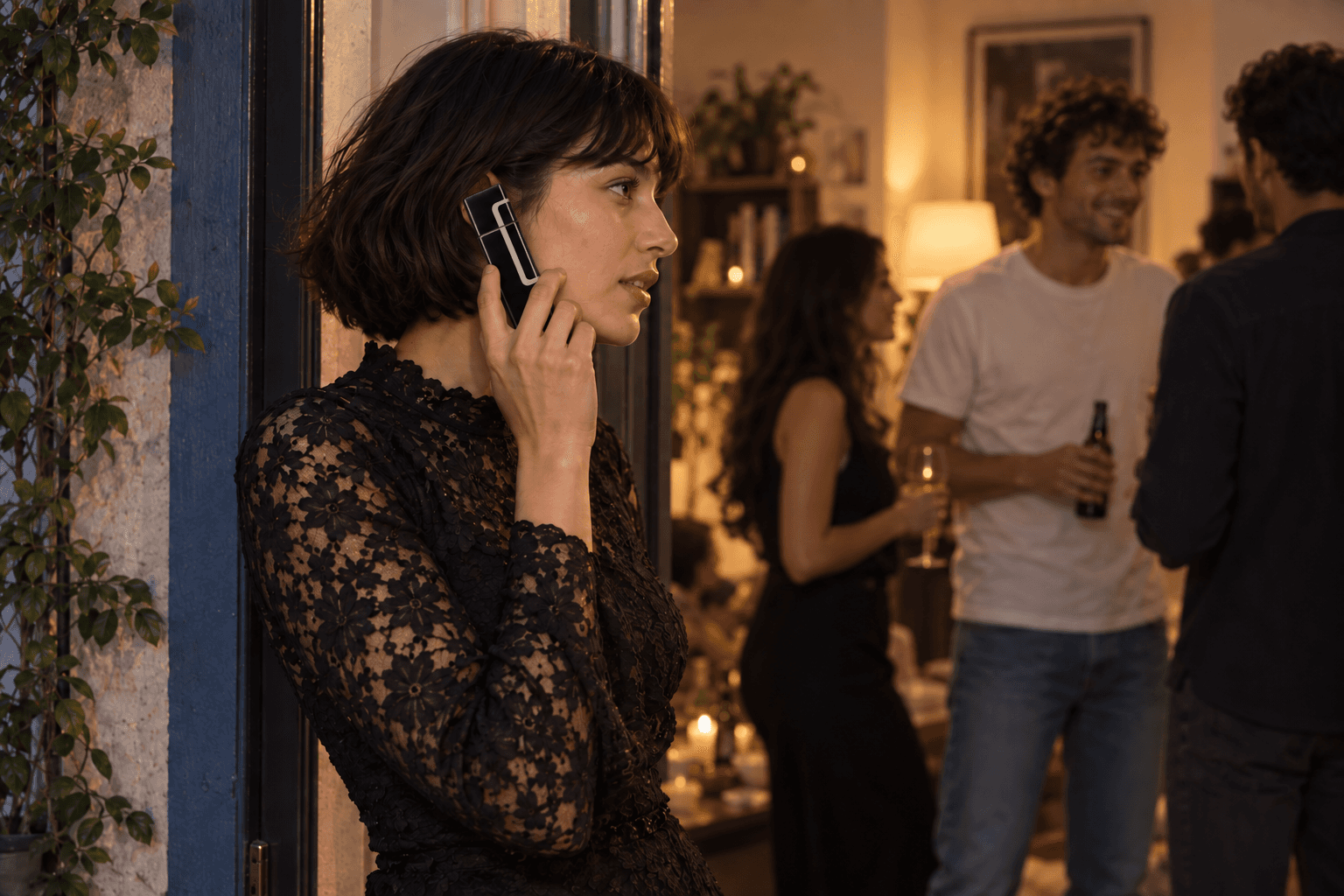 A woman in a black lace dress listens on a small Nokia by an open doorway while friends talk in the warmly lit room behind her.