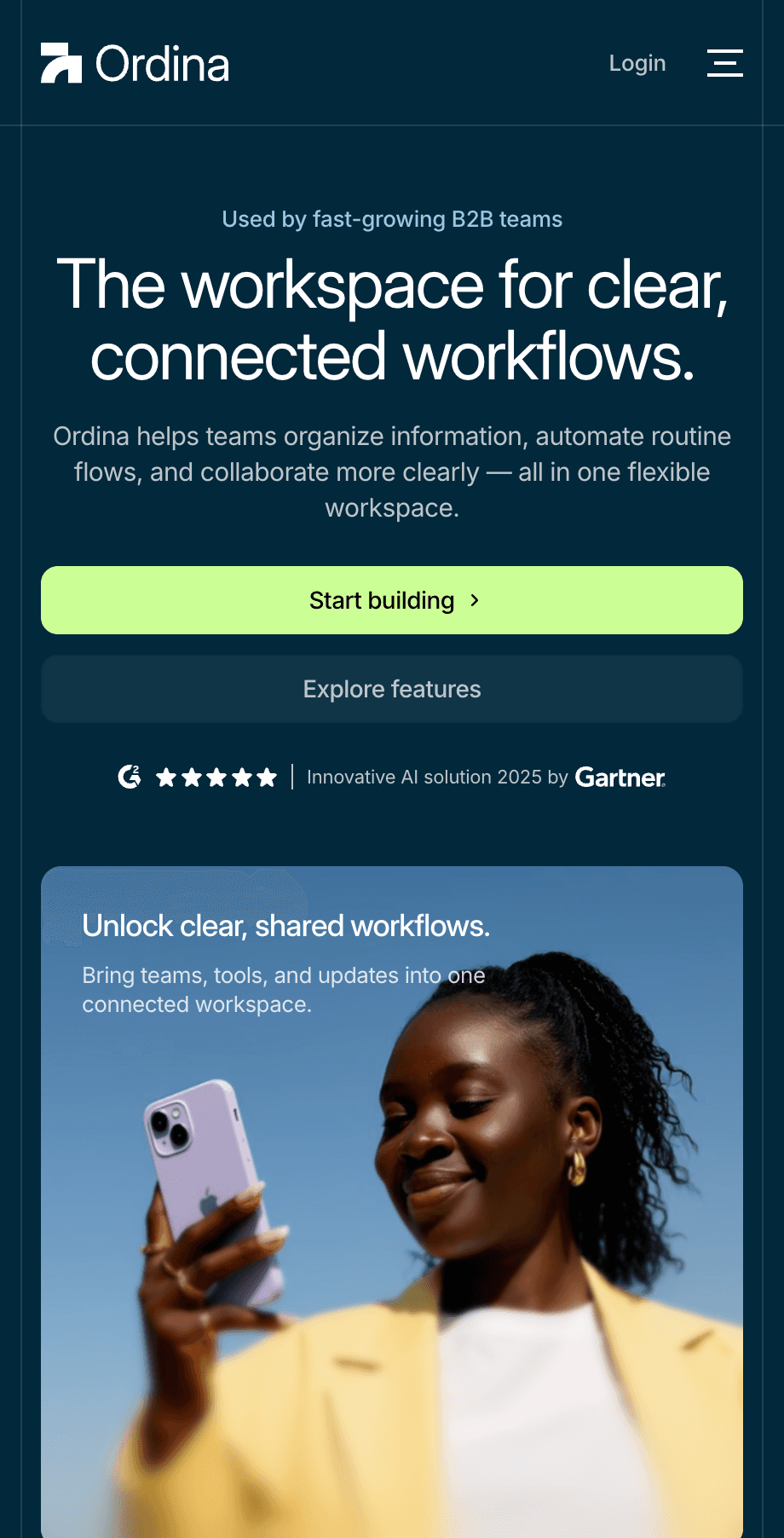 Mobile view of the Ordina Framer template showing the hero section with headline and a woman holding an iPhone, displayed on a phone screen
