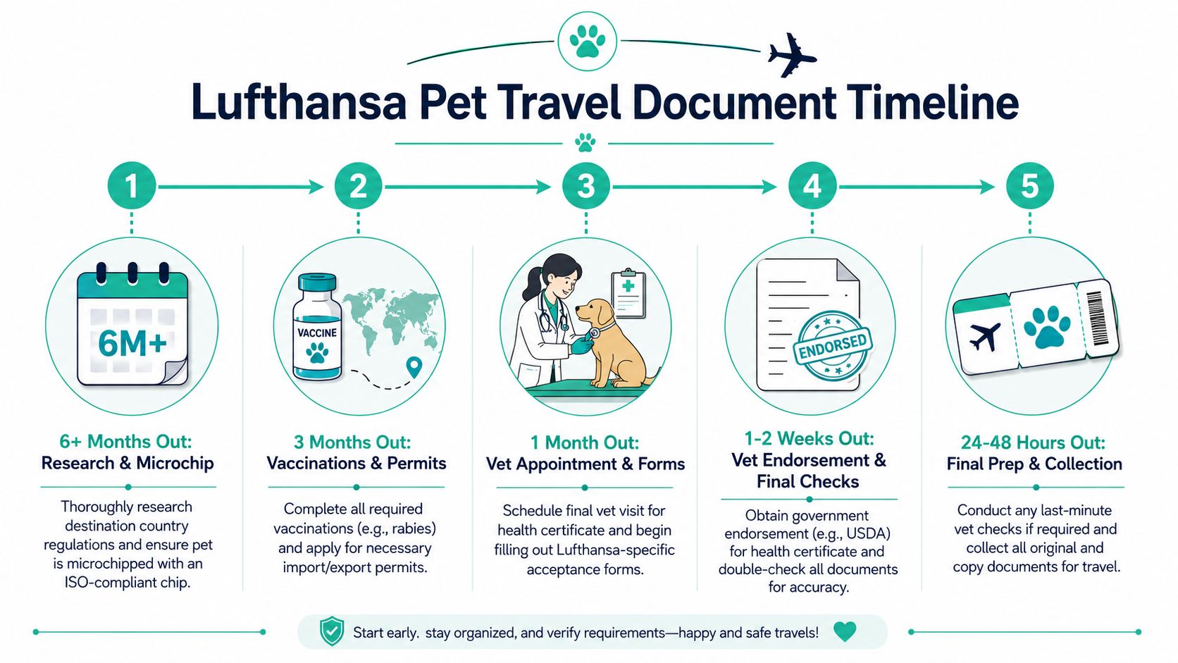 A five-step Lufthansa pet travel timeline infographic guiding pet owners through essential documentation and veterinary requirements.
