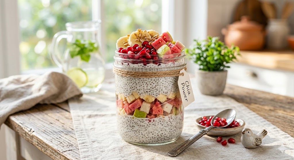 A close-up photograph of a layered chia seed pudding served in a glass jar on a rustic wooden table, generously topped with fresh pomegranate seeds, sliced bananas, and diced guava, with a "Chia Power" tag, in a bright, modern kitchen setting.