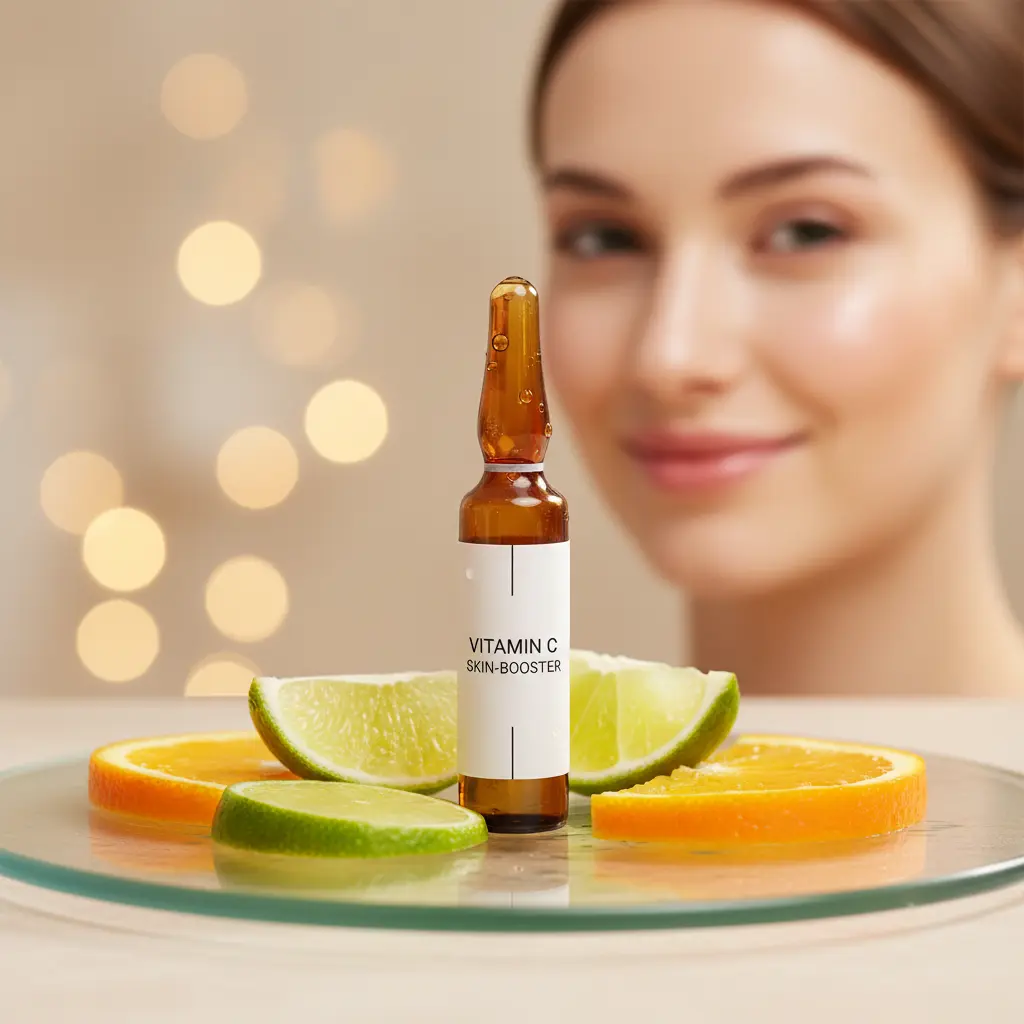 Ampułka z witaminą C ustawiona na plasterkach cytrusów na szklanej podstawce, w tle uśmiechnięta kobieta o rozświetlonej skórze twarzy