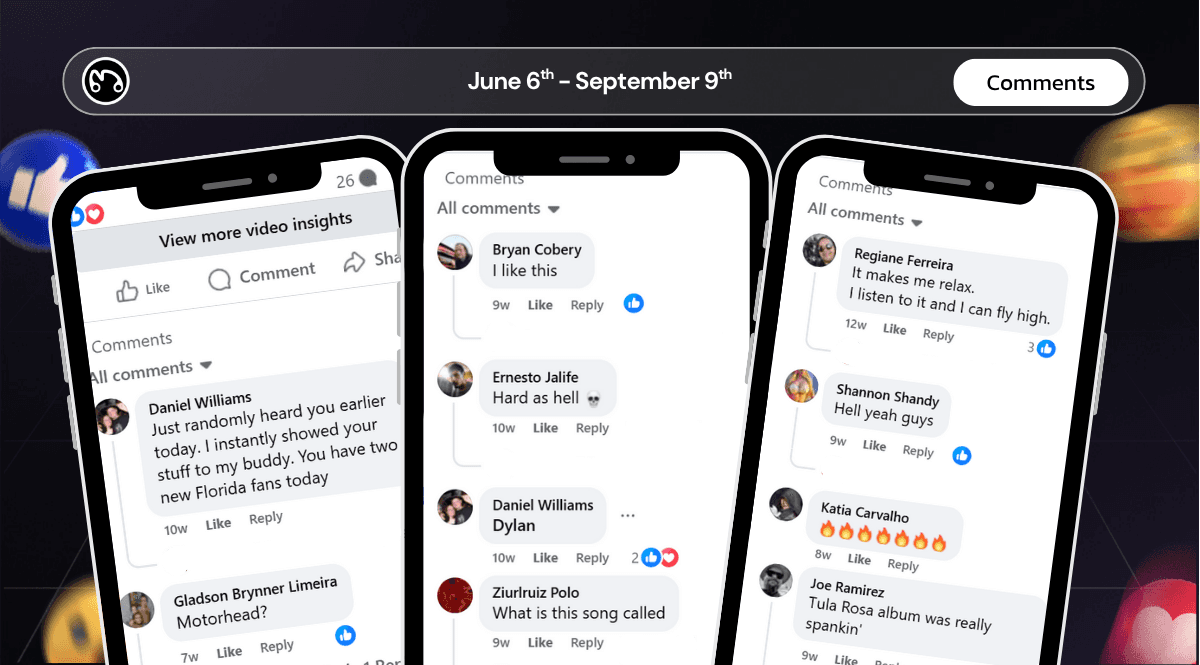 Screenshots of positive fan comments on social media for a new music release campaign.