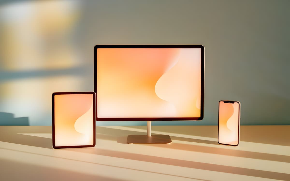 A smartphone, tablet, and desktop monitor displaying matching abstract orange wallpapers are arranged on a sunlit desk. Modern technology concept.