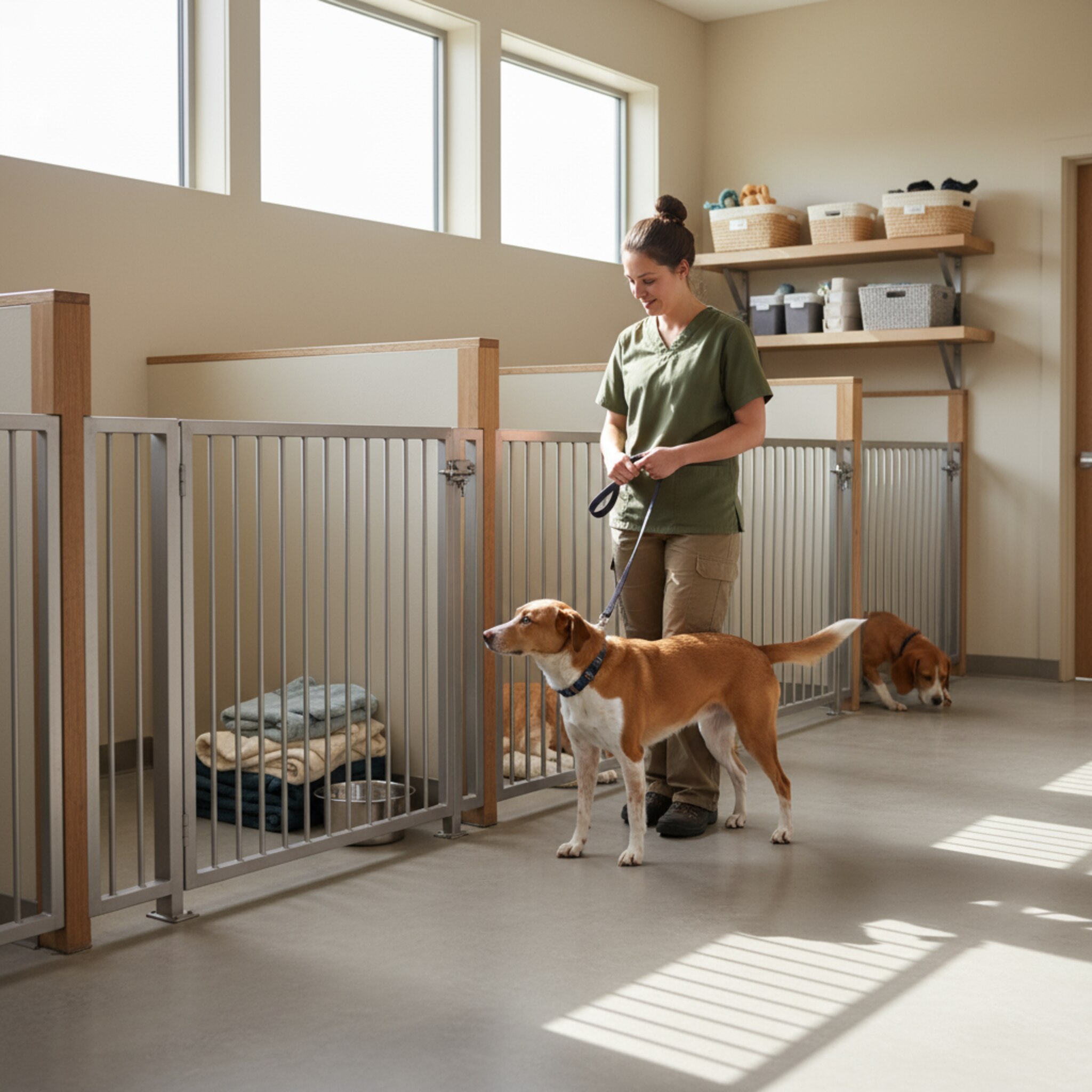 Im Morgenlicht führt eine Betreuerin einen aufgeweckten Mischling in einen frisch hergerichteten Innenzwinger. Weiche Decken und ein sauberer Napf stehen bereit. Aus dem Nachbarbereich ist gedämpftes Schnüffeln zu hören. Die Szene wirkt ruhig, organisiert und vertraut, mit einem kurzen, freundlichen Blickkontakt.