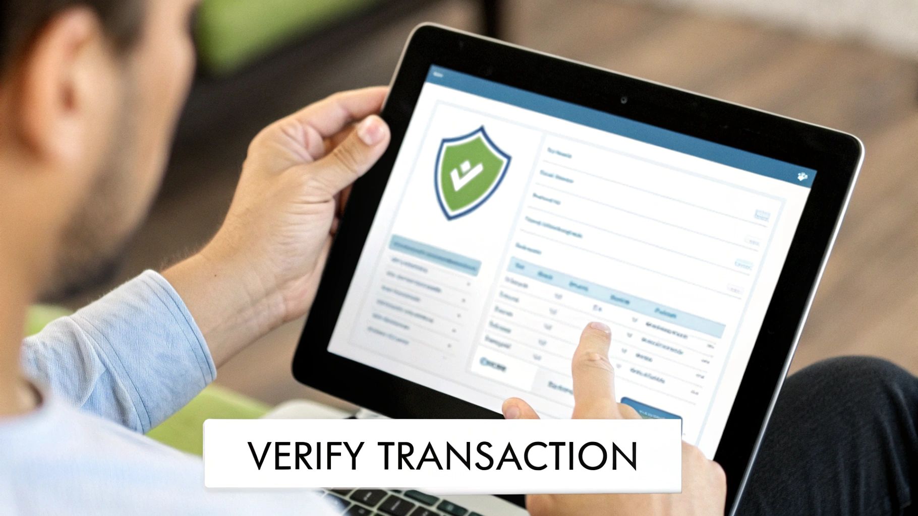 A person interacts with a tablet displaying a security interface and 'Verify Transaction' text.