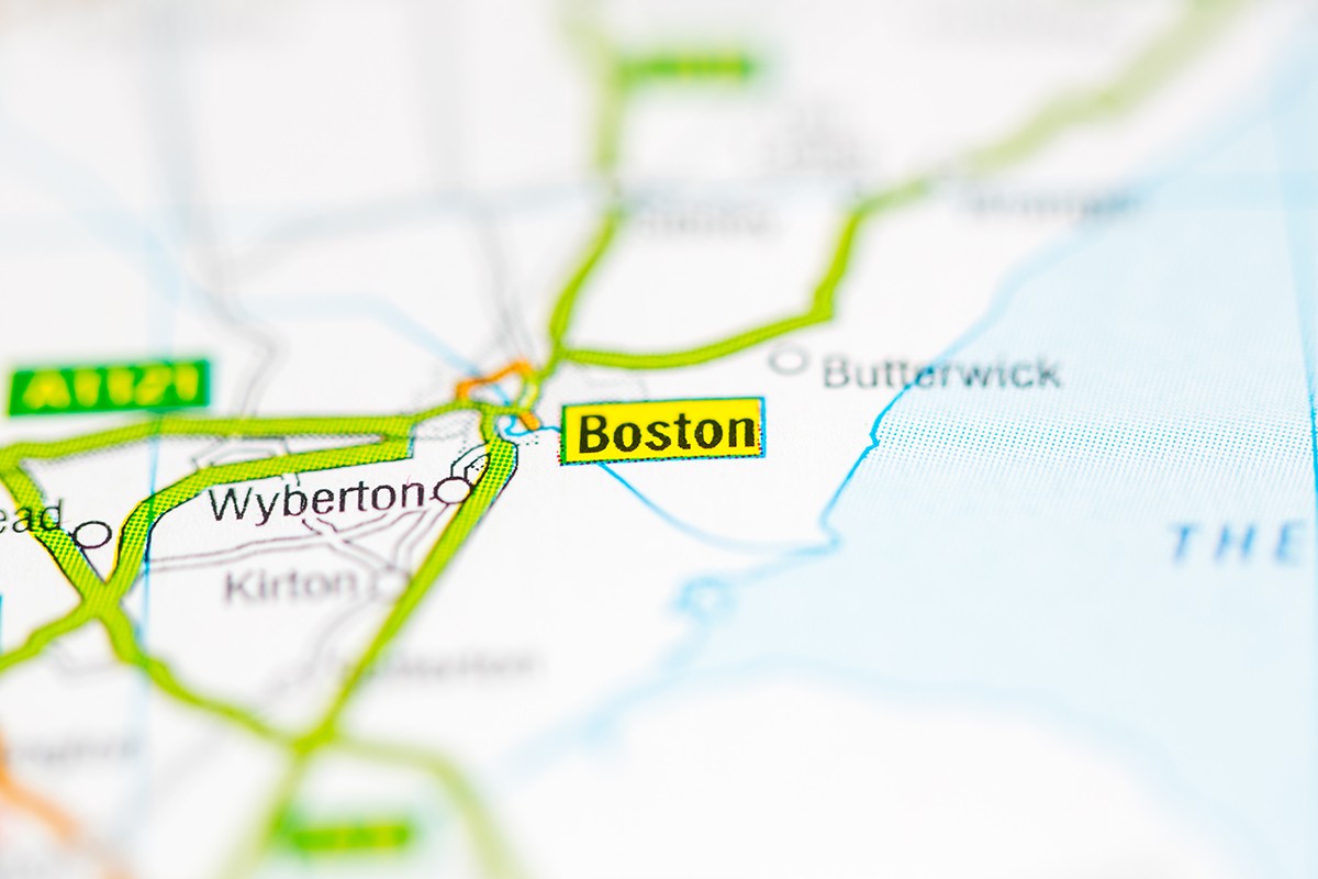 A close-up road map showing Boston, Lincolnshire, England, with surrounding villages including Wyberton, Kirton, and Butterwick, and the A1121 road visible to the left.