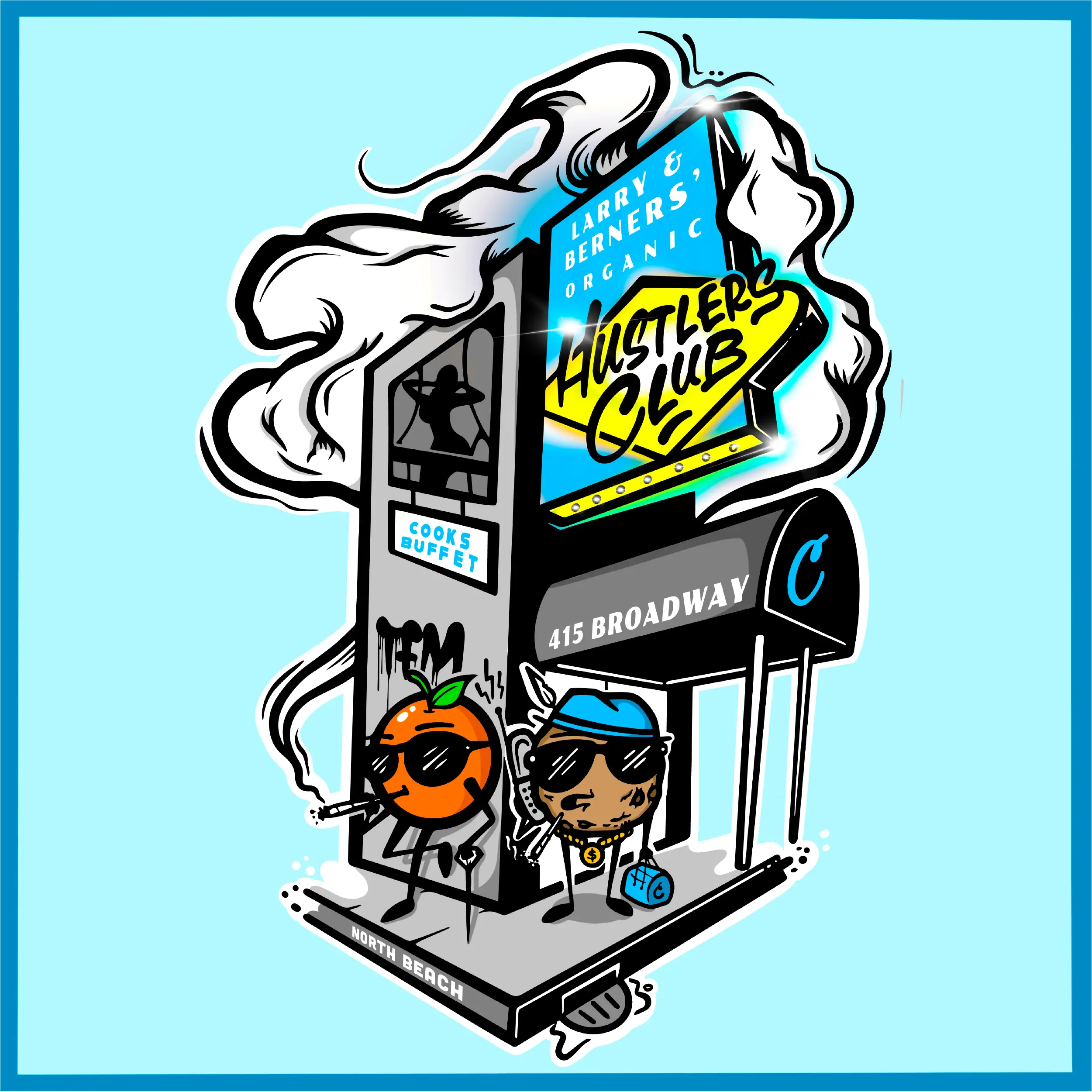 Illustration of orange and cookie characters outside a North Beach gentlemen’s club, with orange smoking, cookie on phone, and silhouette in window.