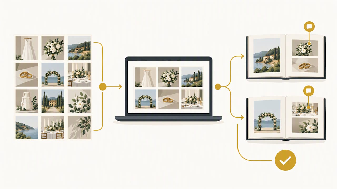 Gallery selections flow into reviewed album spreads