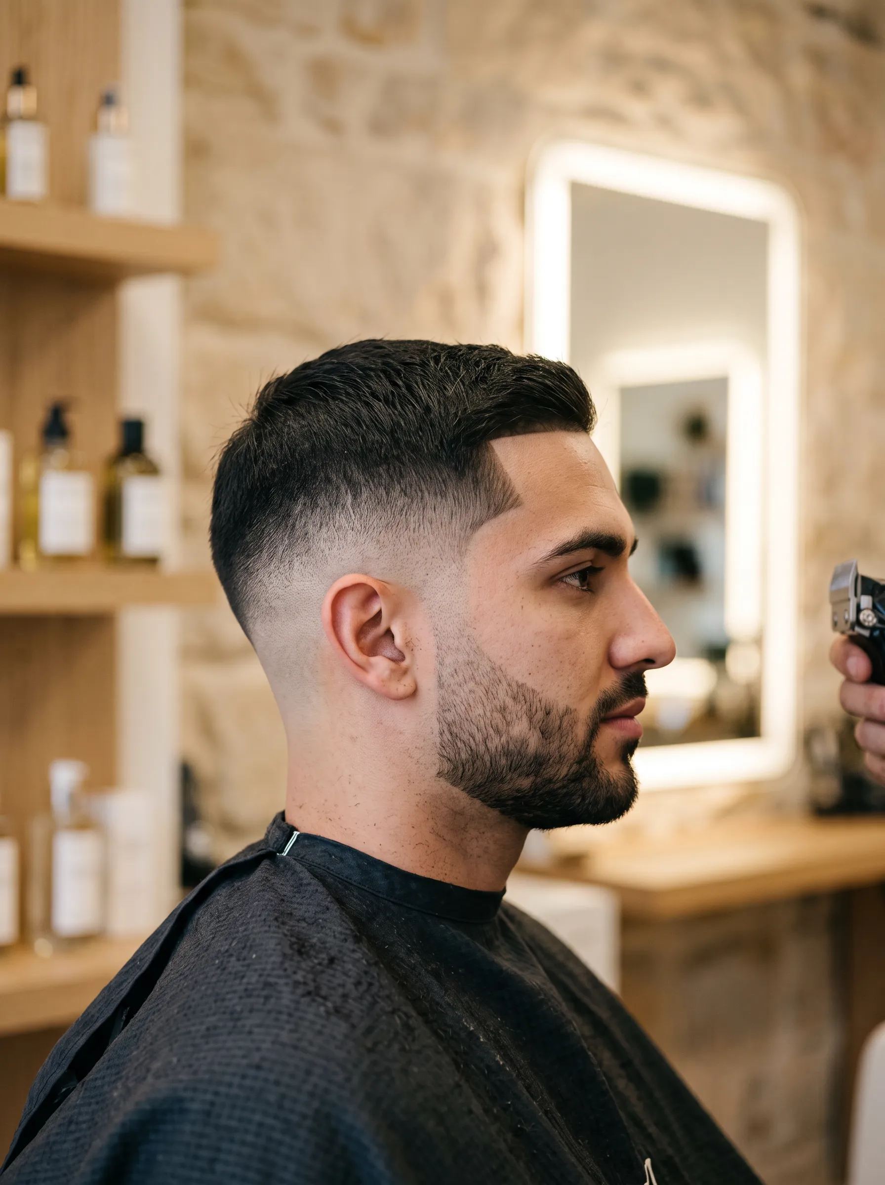 Barber finishing a skin fade on a man with a short beard