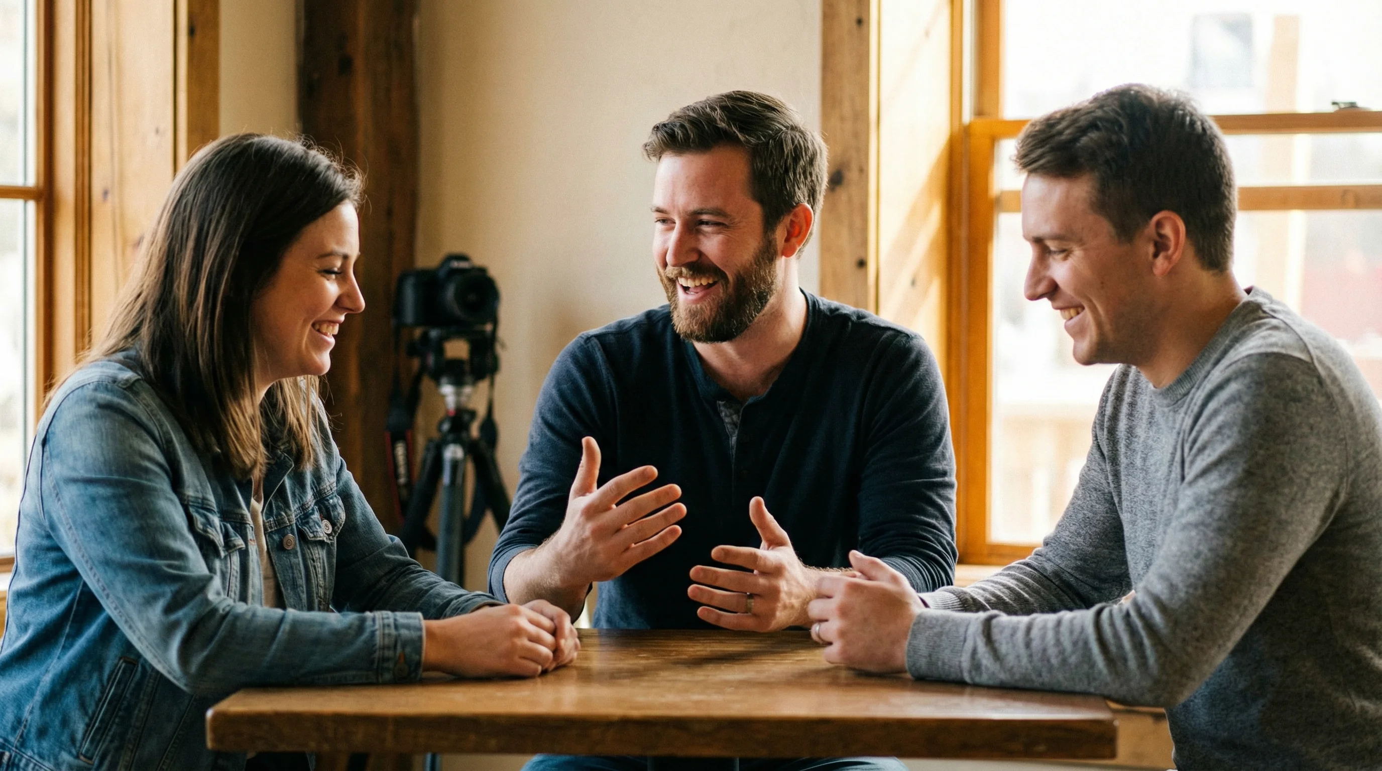 Three professionals in casual team conversation, person at center mid-story with animated expression, others genuinely listening and reacting, camera on tripod softly visible in background
