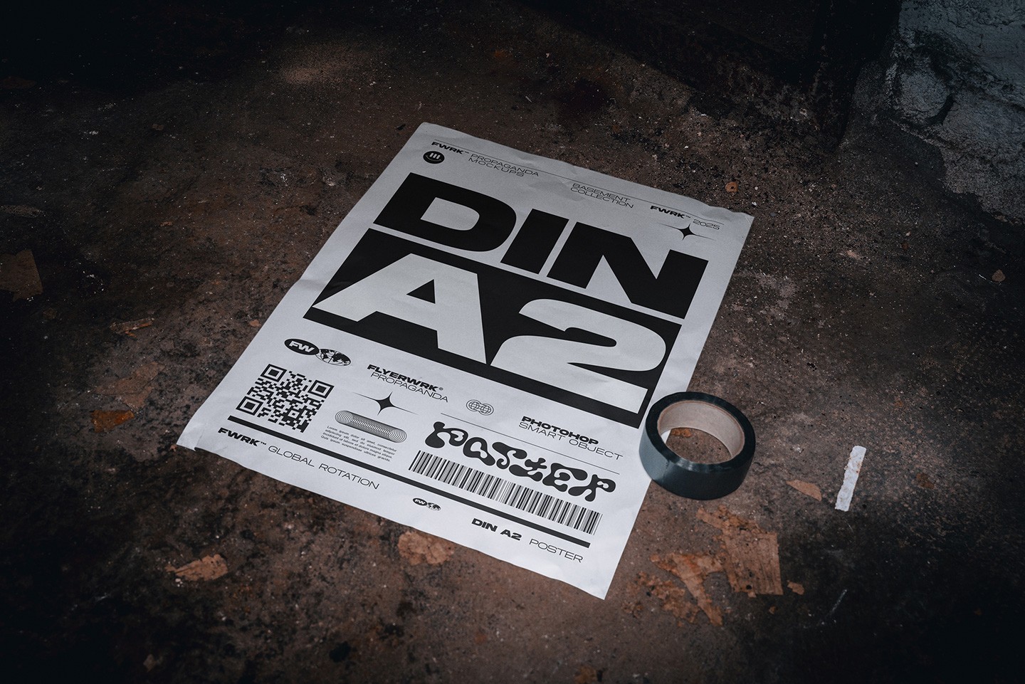 Basement A2 poster mockup lying loose on dusty basement floor with tape