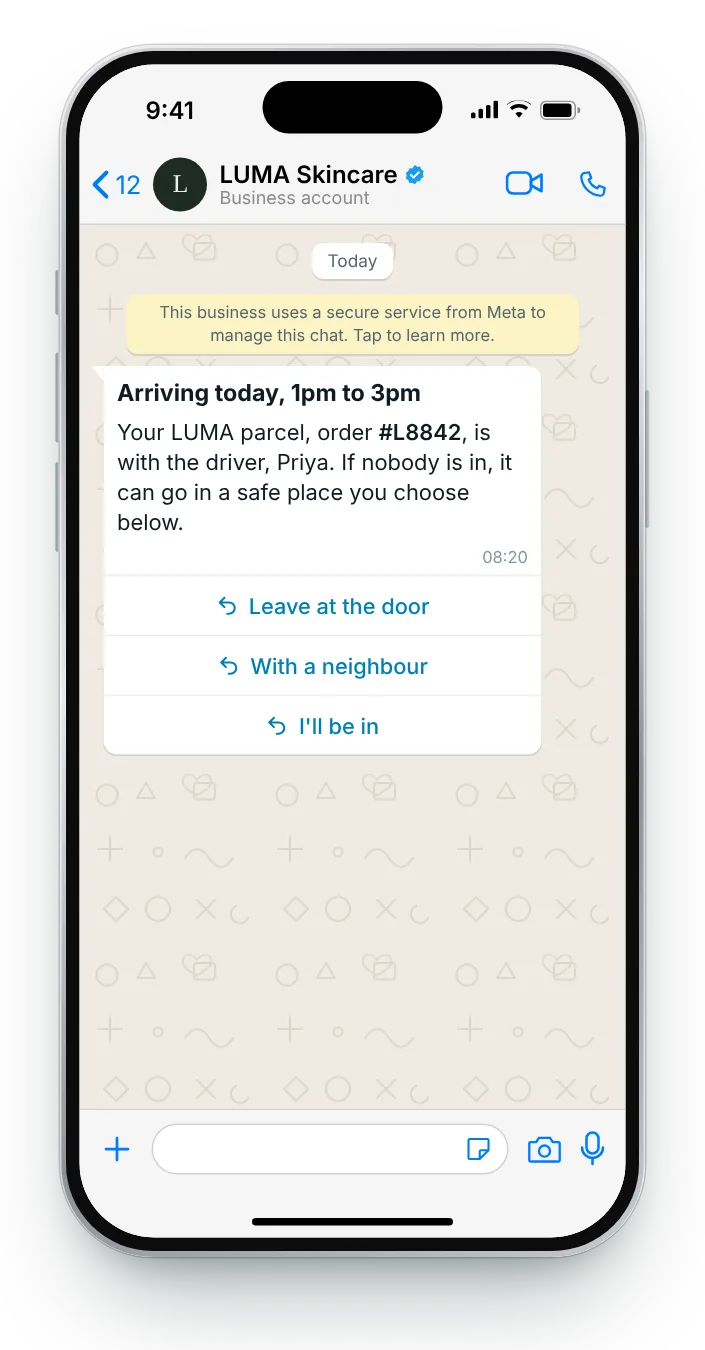 Arriving today, with a time window: WhatsApp shipping update on an iPhone