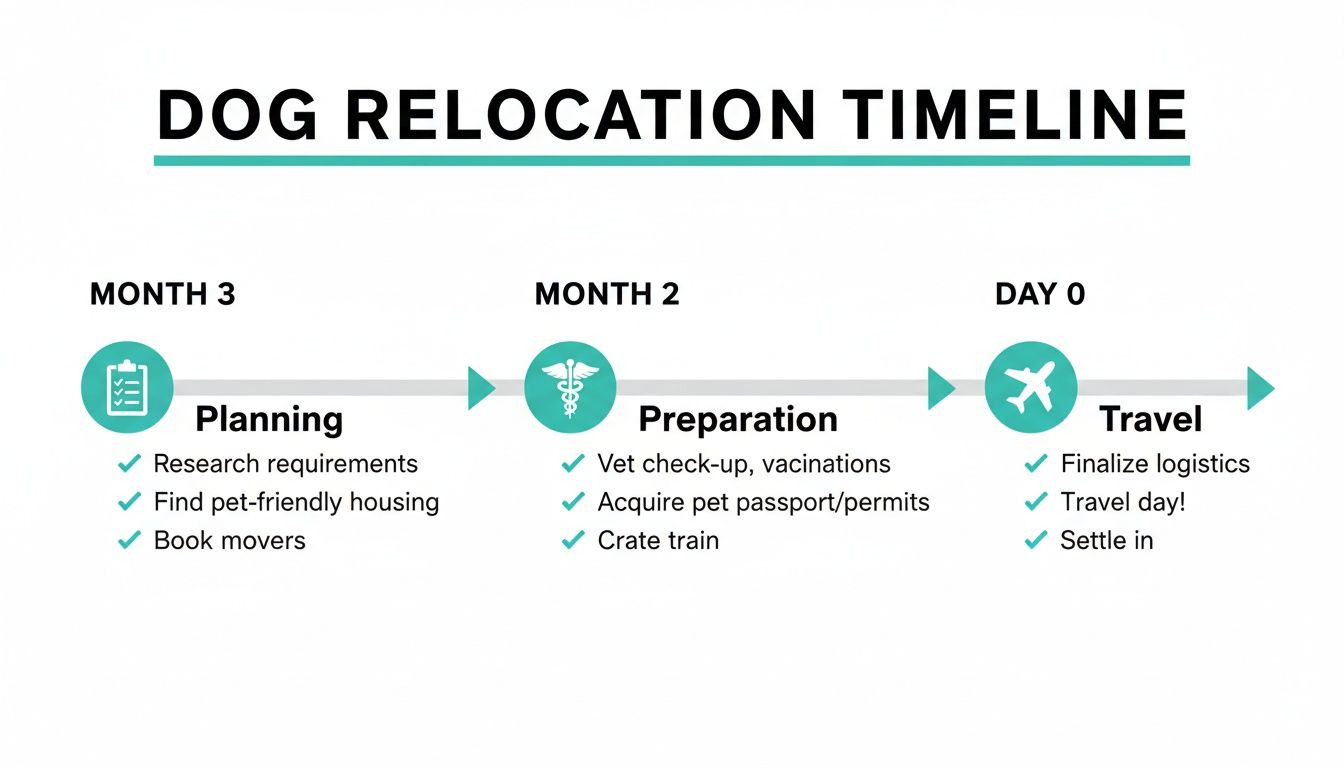 A timeline outlining the steps for dog relocation, including planning, preparation, and travel phases.