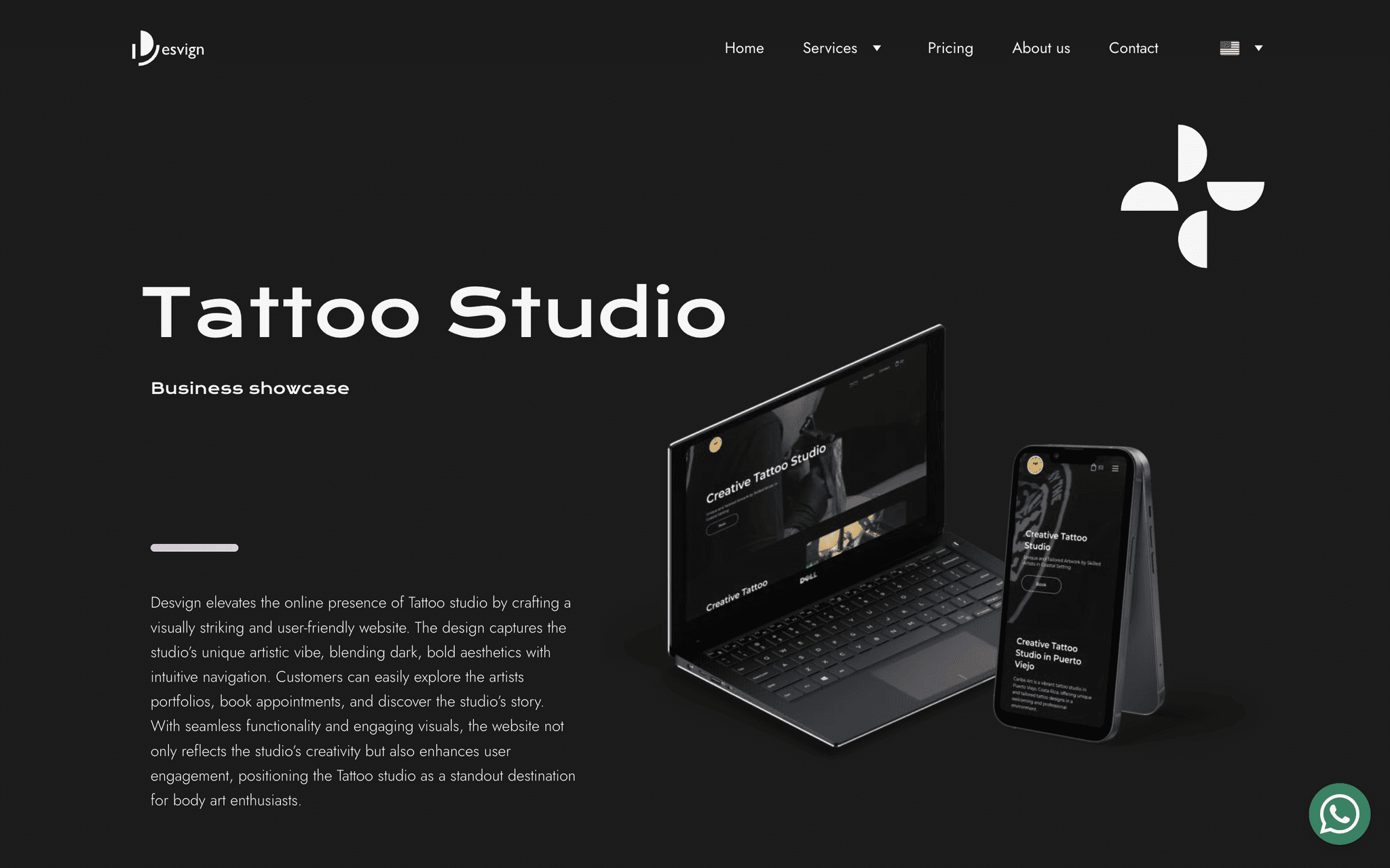 Screenshot of Desvign’s ‘Tattoo Studio’ showcase section on a black background, featuring a laptop and phone mockup of a dark-themed tattoo studio website.