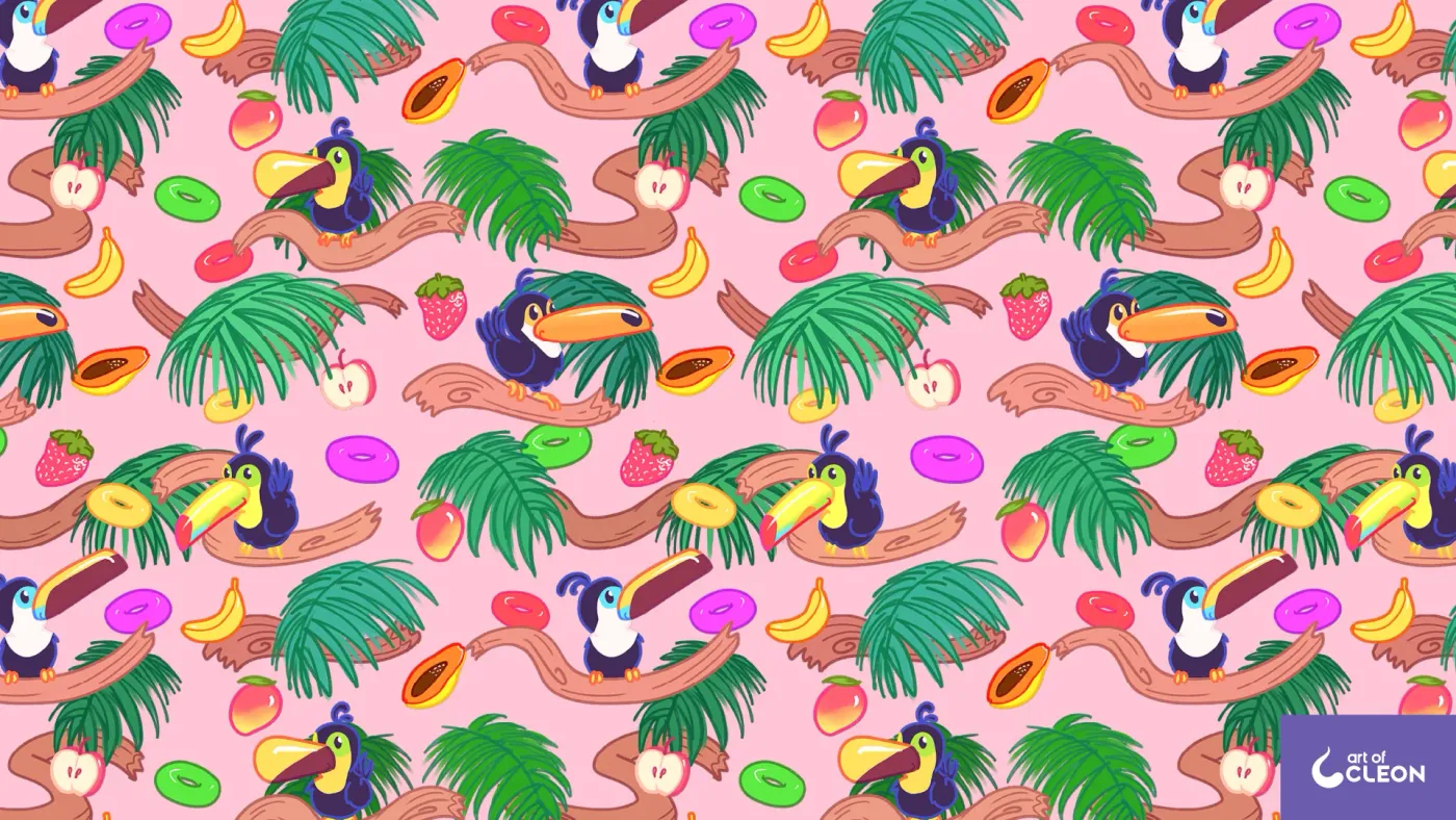 Touc Fruits repeat on a soft pink ground, with the same toucans, branches, palm fronds, fruit, and colored cereal rings.