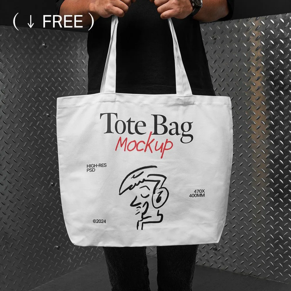 Red tote bag mockup displaying customizable white text for dimensions "470x400mm," held by a person in a black outfit against a metallic textured background. Bold and industrial design.