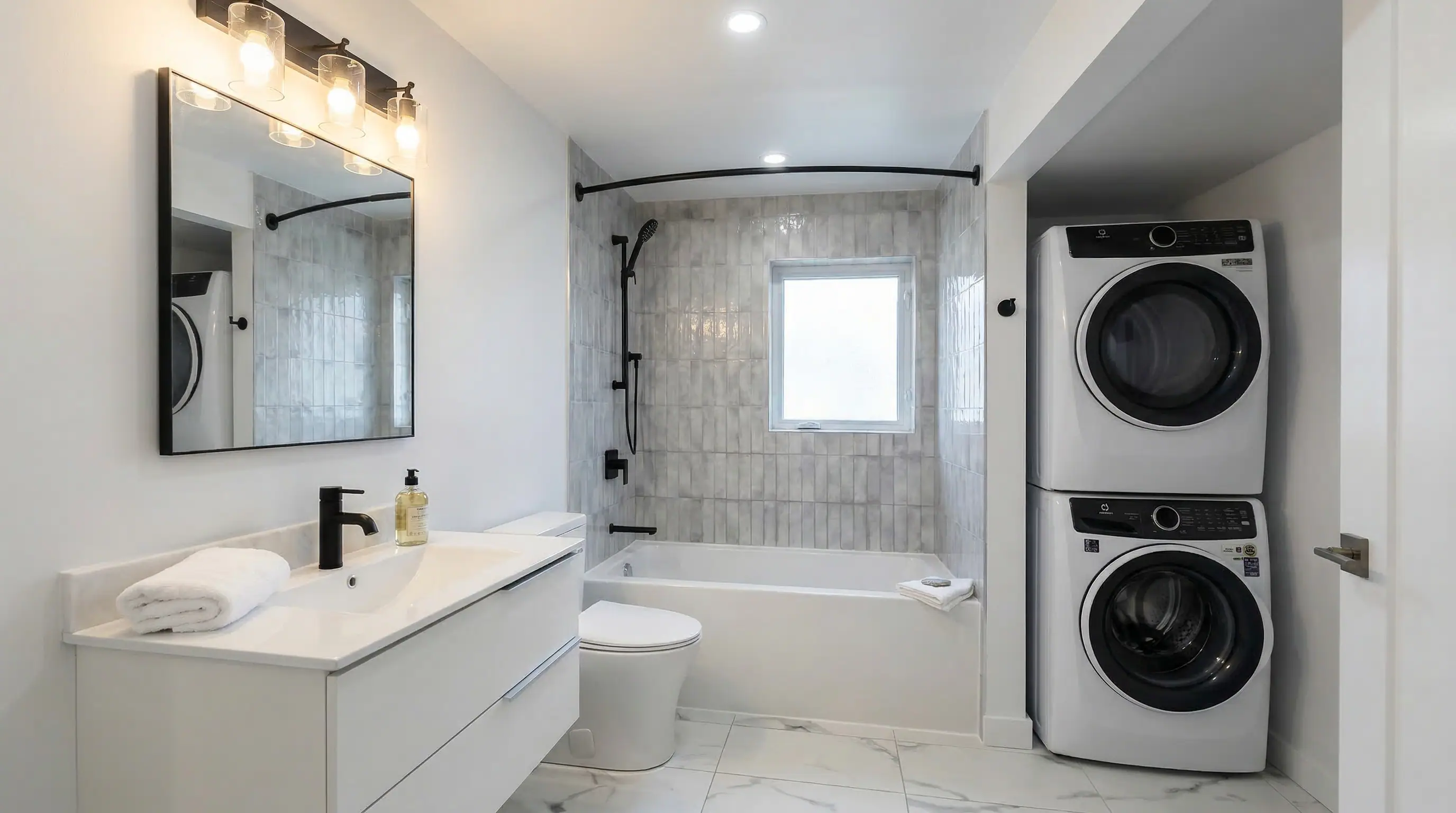 Full bathroom with soaker tub, tiled shower surround, floating white vanity with black matte fixtures, and stacked in-unit washer/dryer in the East 63rd laneway home built by Vancouver Custom Homes.