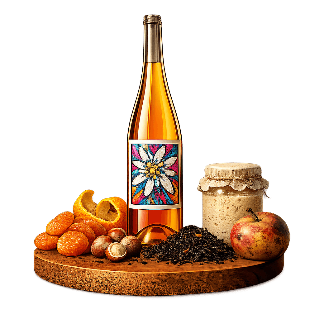 Artistic label and flavor profile for Austrian Orange Wine on a rustic wooden table.