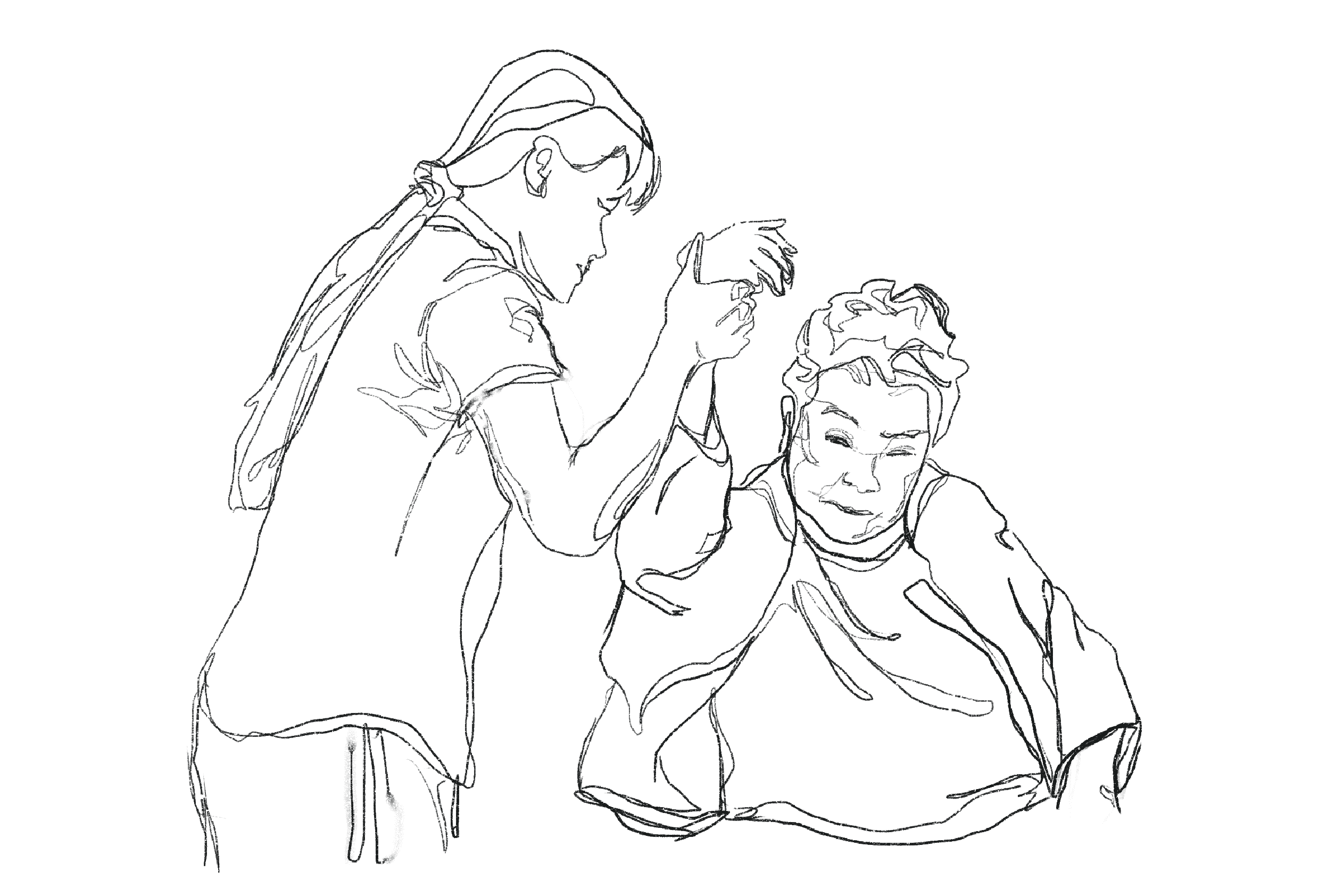 A sketch of a caregiver dressing an elderly person