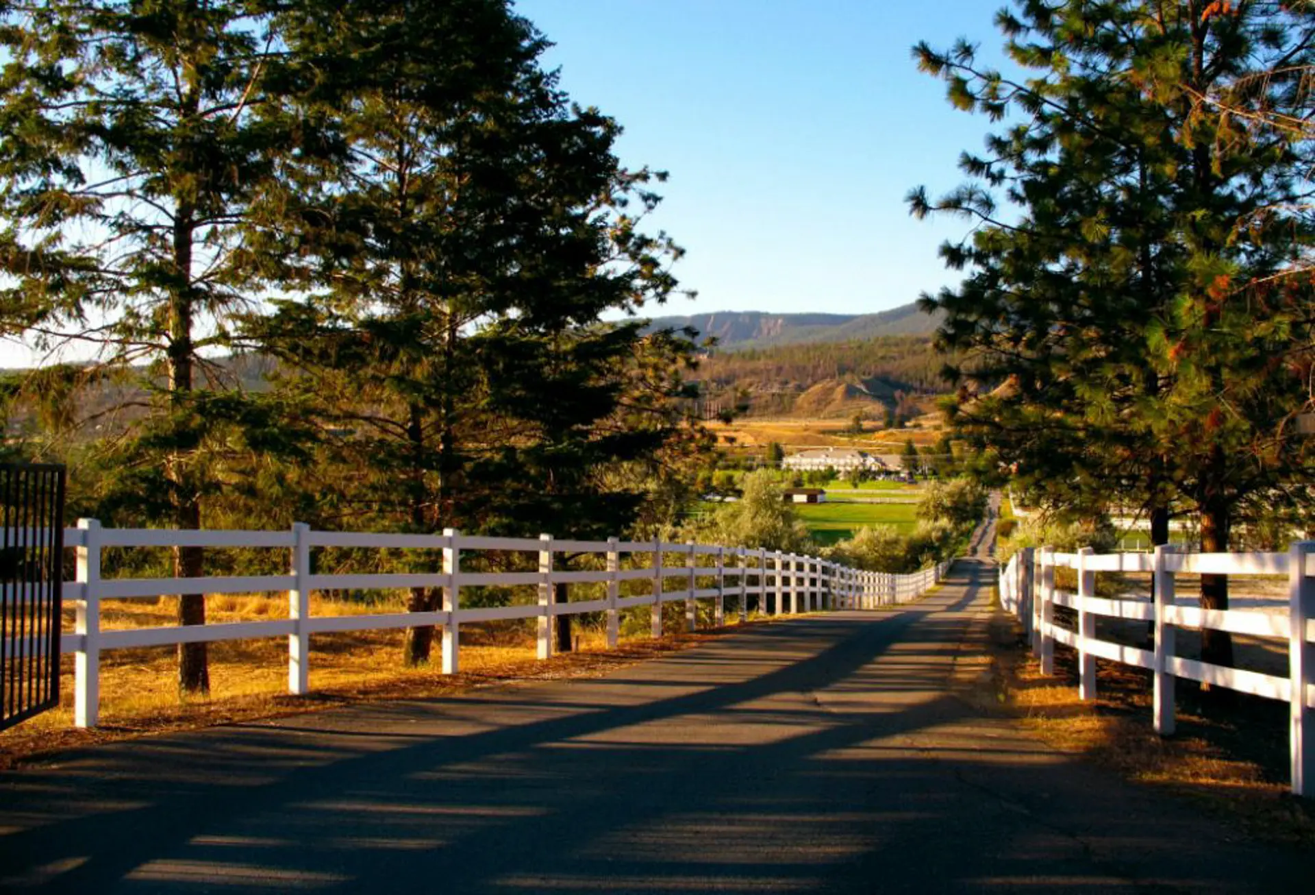 A white fence lines a paved path leading to a distant building surrounded by trees and mountains.