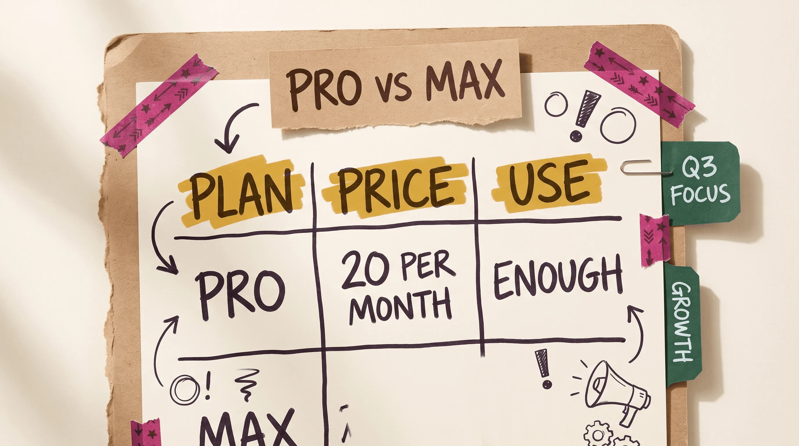 Table of Claude Code Pro 20 dollars per month versus Max 100 or 200 dollars per month