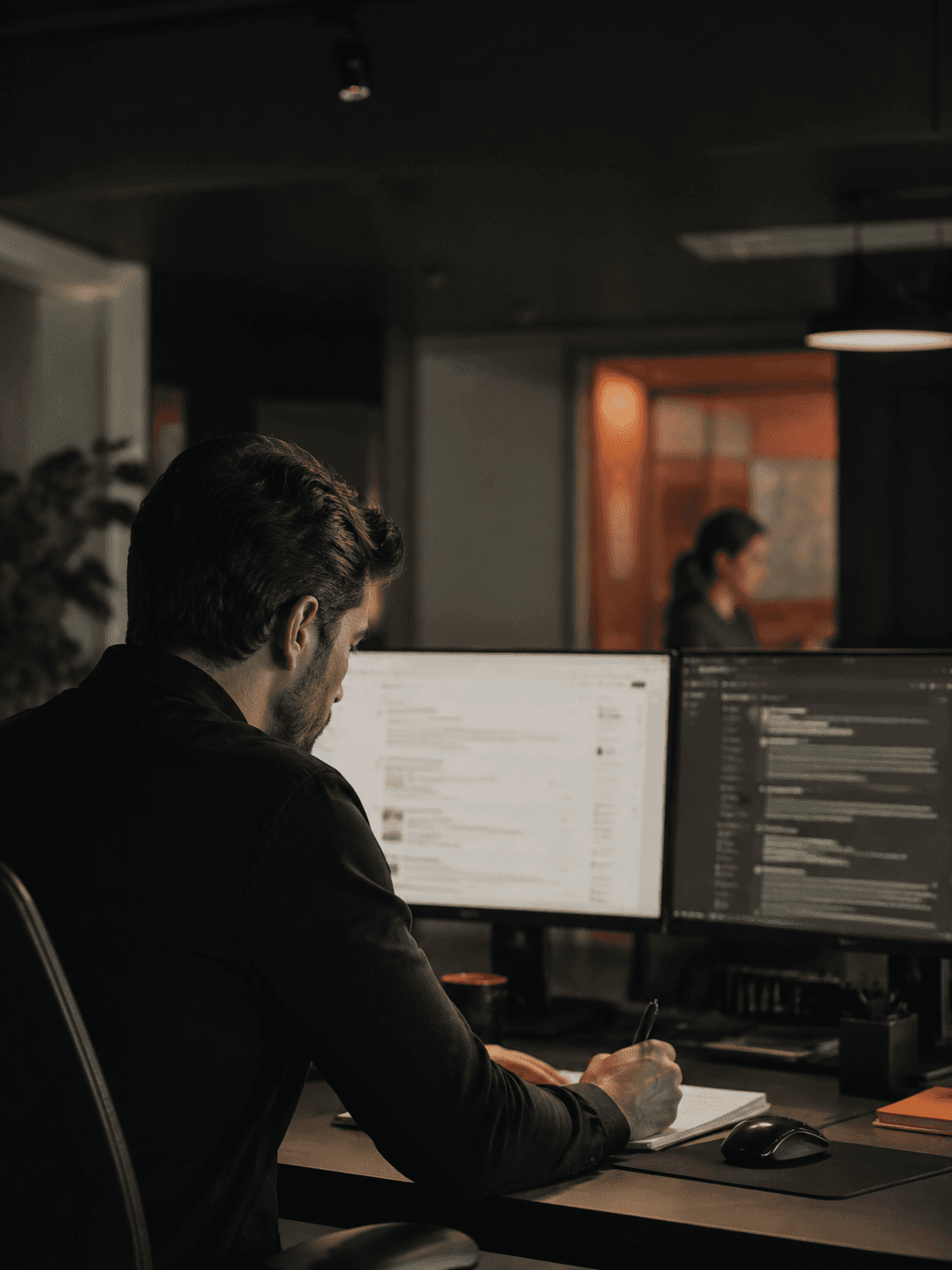 Karanlık bir çalışma ortamında iki ekranda teknik analiz yapan kişi; Shift’in mevcut SEO hizmet görseli.