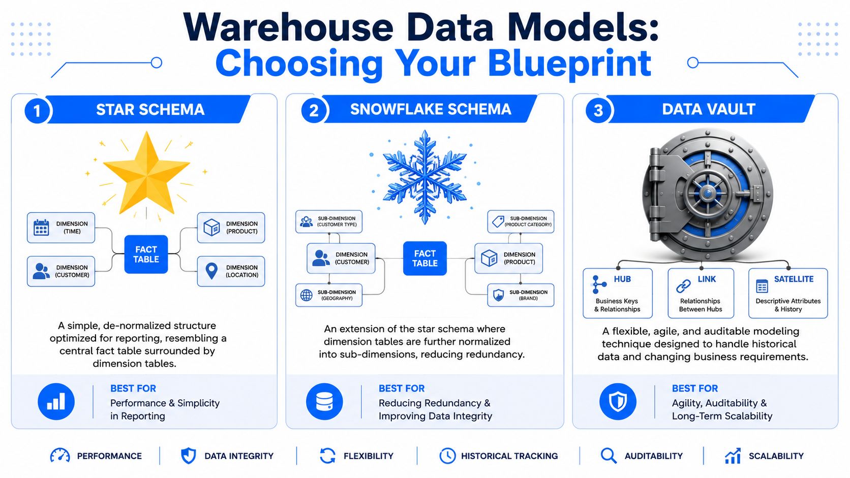 A visual guide comparing Star Schema, Snowflake Schema, and Data Vault models for warehouse data modeling.