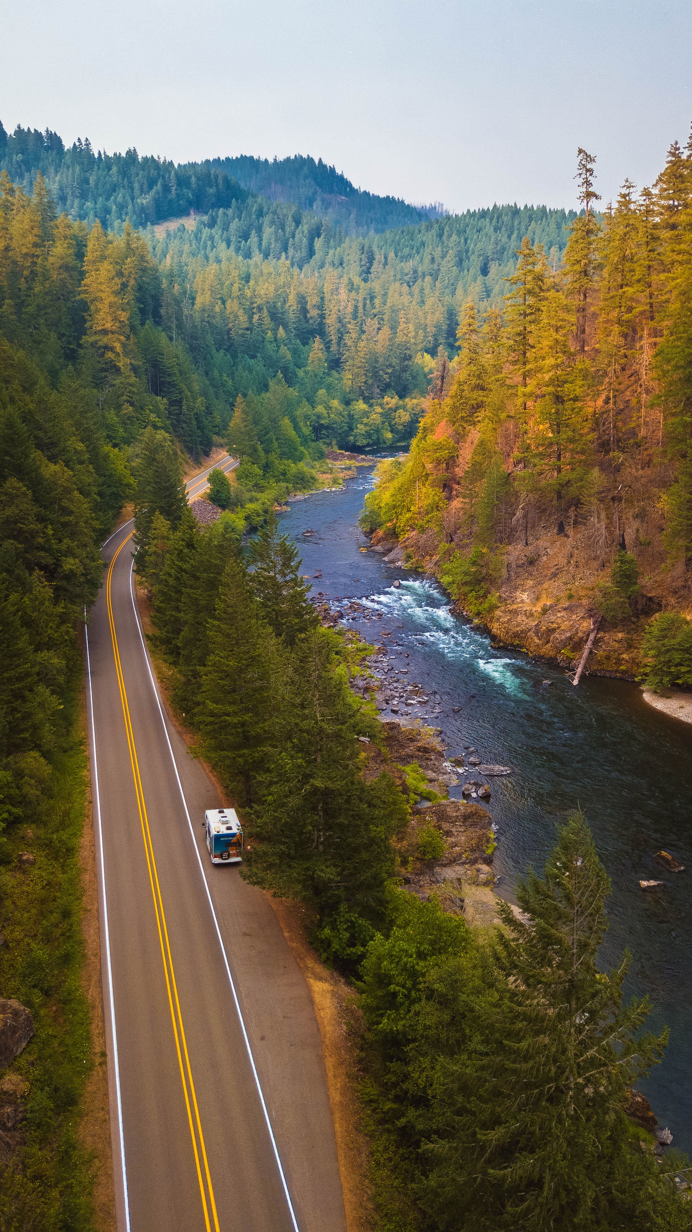 Zdjęcie kampera jadącego przez las