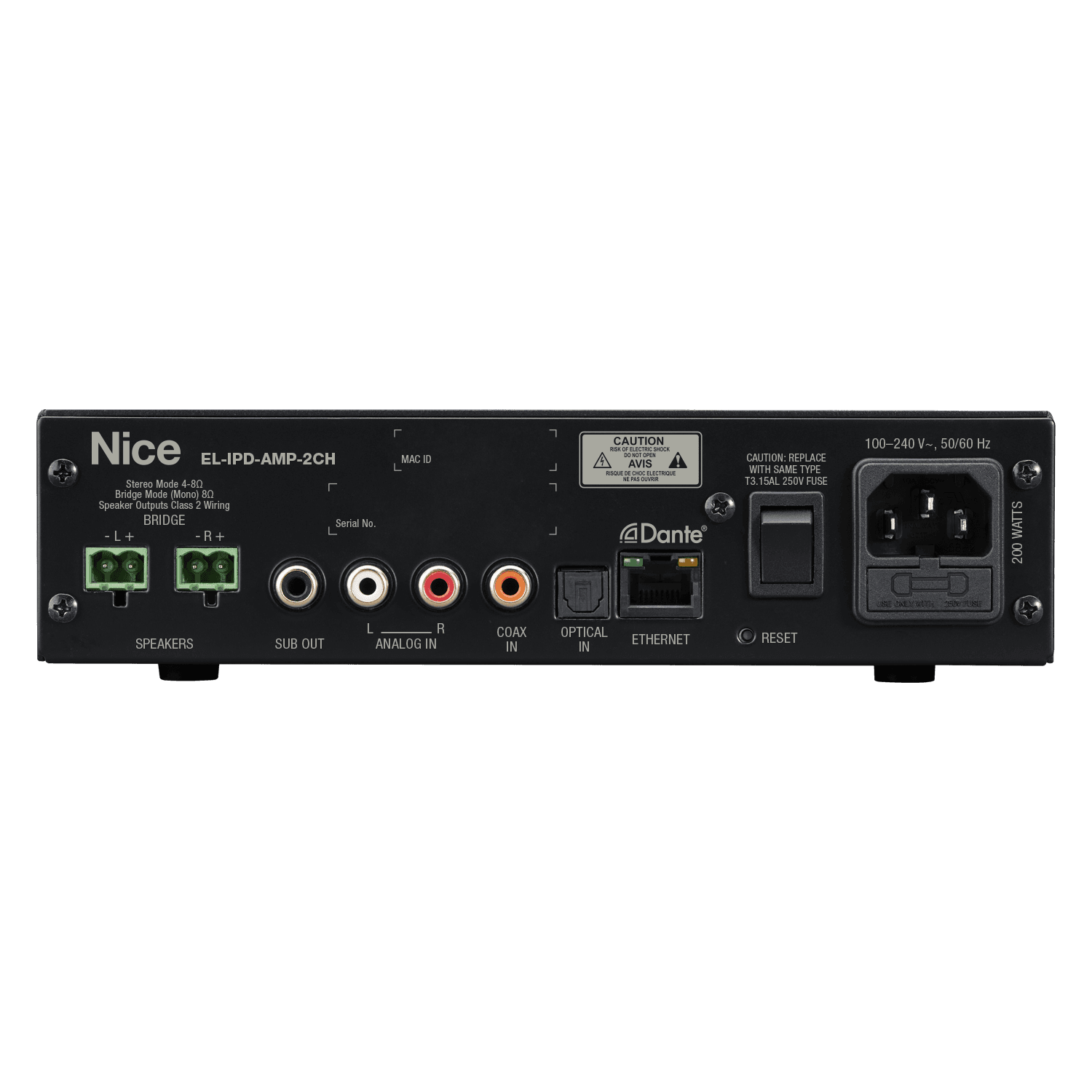 Back panel of Nice EL-IPD-AMP-2CH amplifier with inputs.