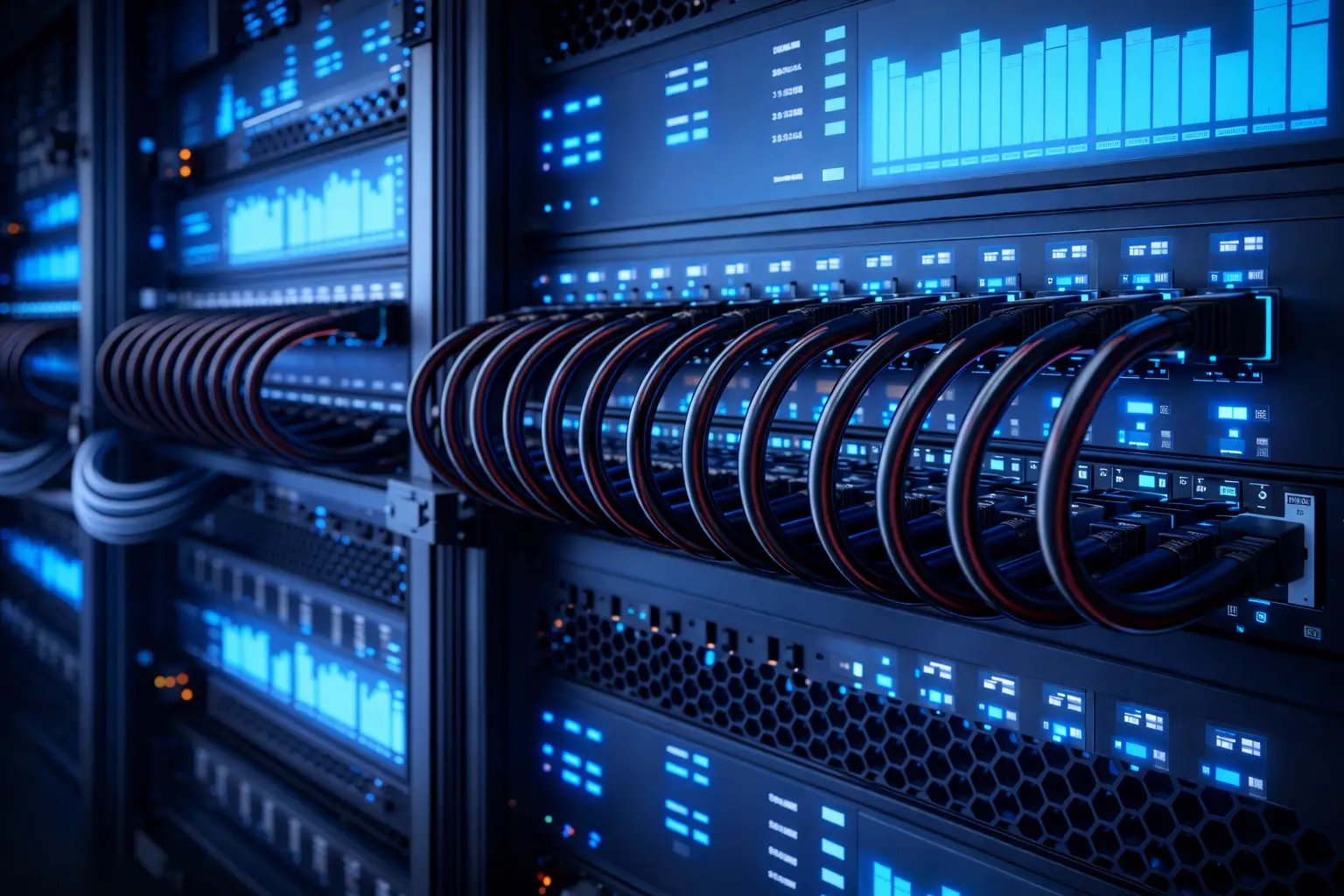 Structured network cabling installation with organized Ethernet cables connected to data center switches