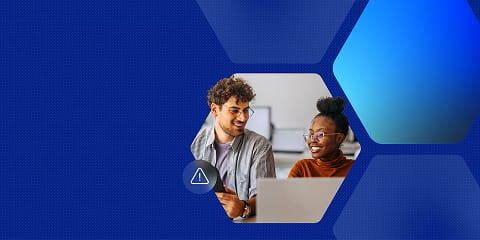 AI barriers in the workplace and how to overcome them - blog header by the UX Design Institute featuring two individuals looking at a laptop screen.