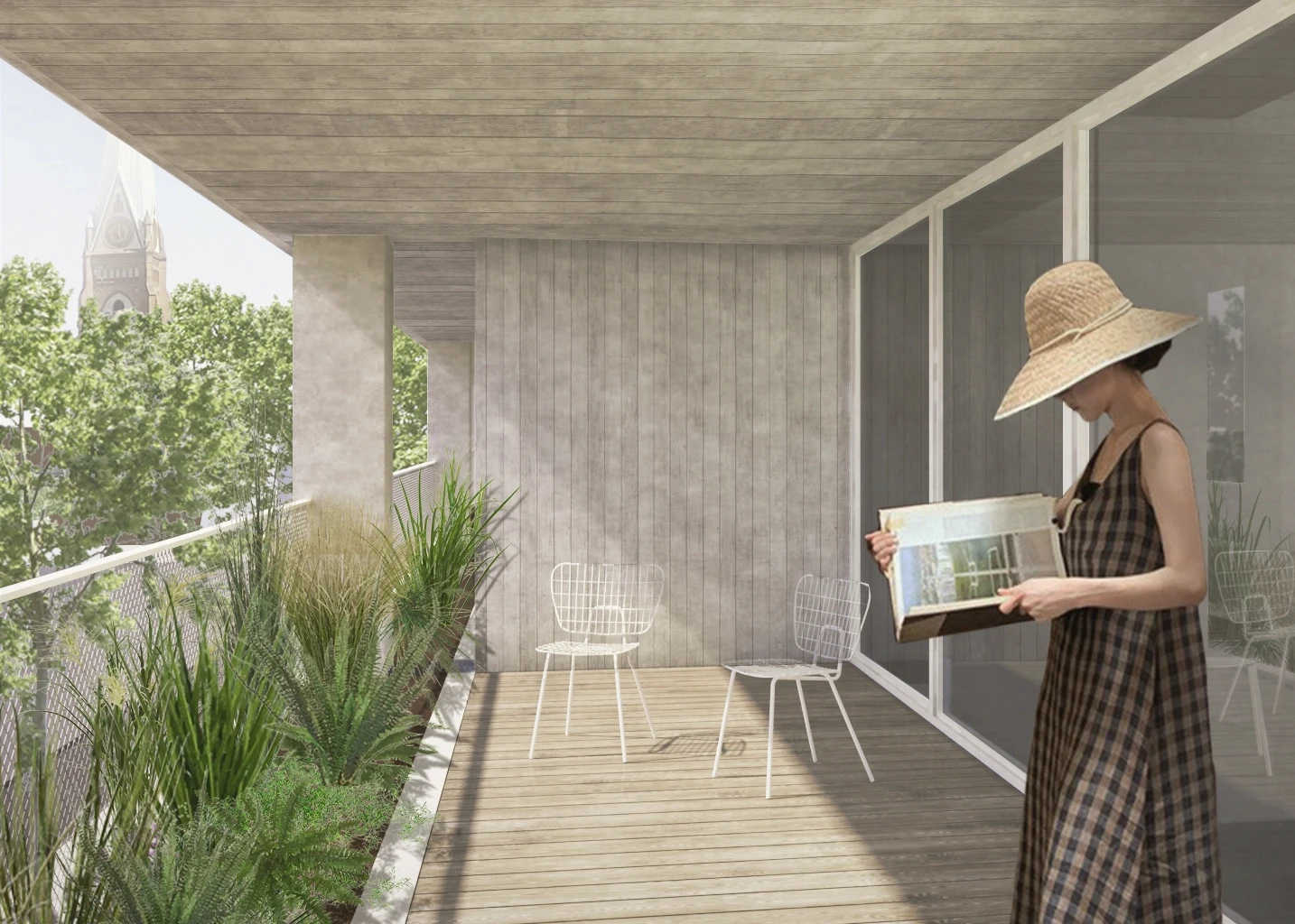 Visualisierung der Loggien mit Grünstreifen an der Fassade des umgenutzten Kaufhaus-Projekts Müllerstraße 25 in Berlin-Wedding