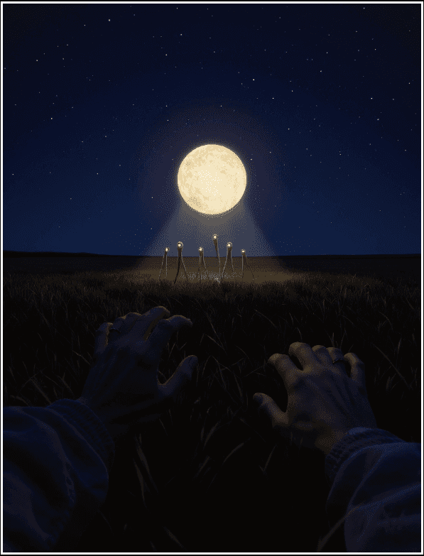 Dolunay ufukta parlıyor; çimenlikteki kişi ay’a doğru ellerini uzatıyor — Asteria rüya görselleştirme 2/4.