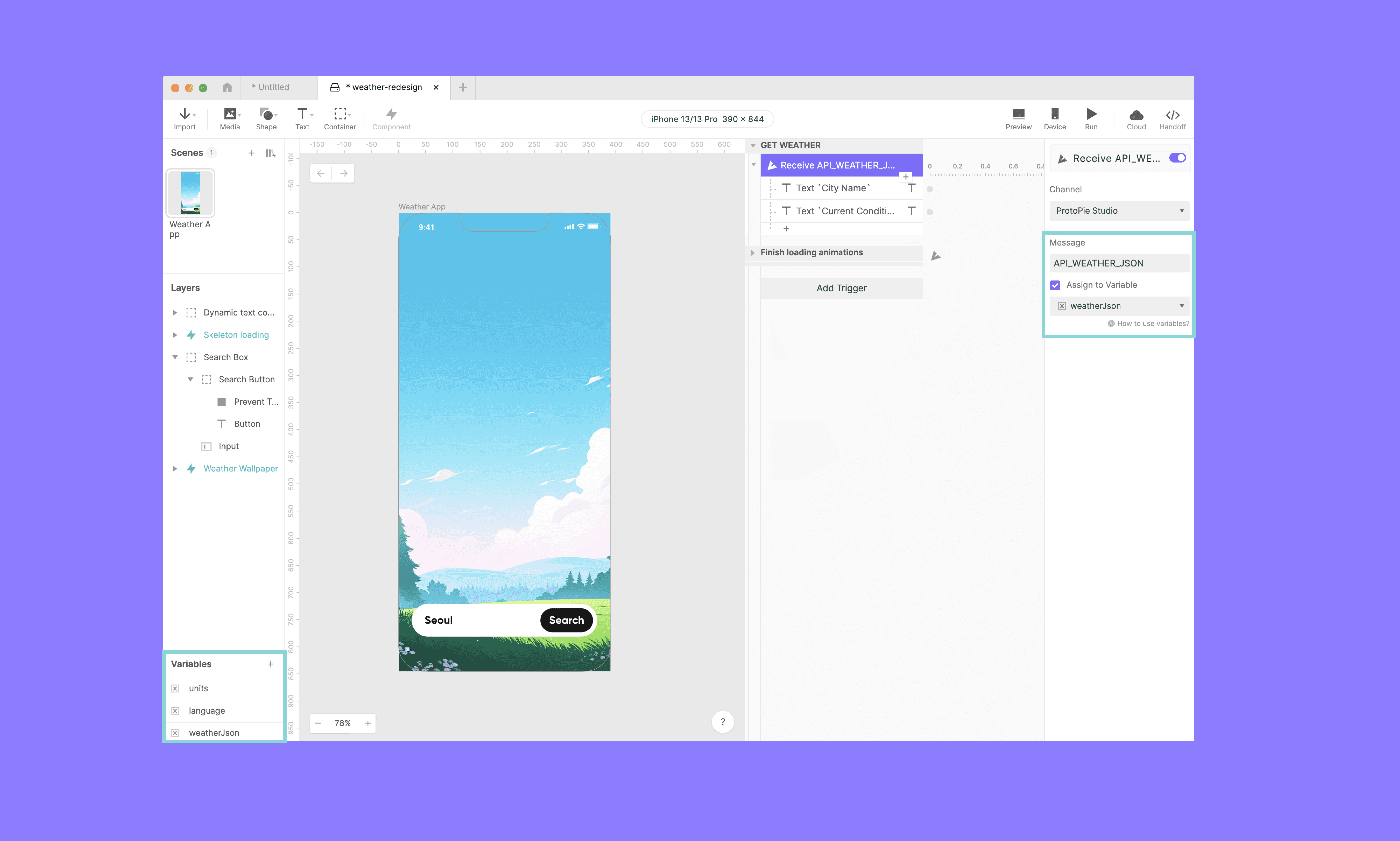 The interface of ProtoPie Studio when used with the API plugin 