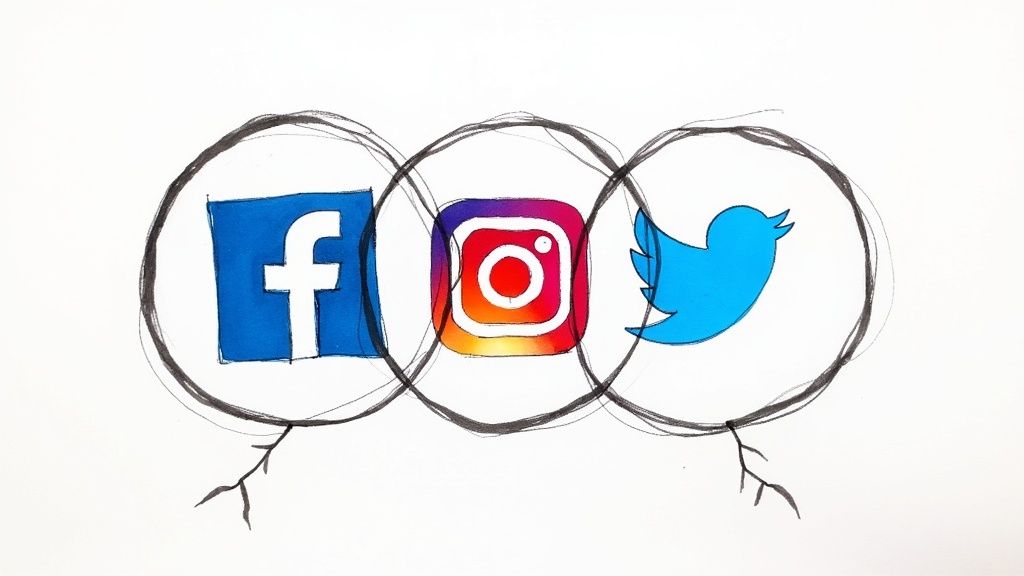 A group of diverse individuals interacting and smiling, with social media icons floating around them, suggesting a connected community.