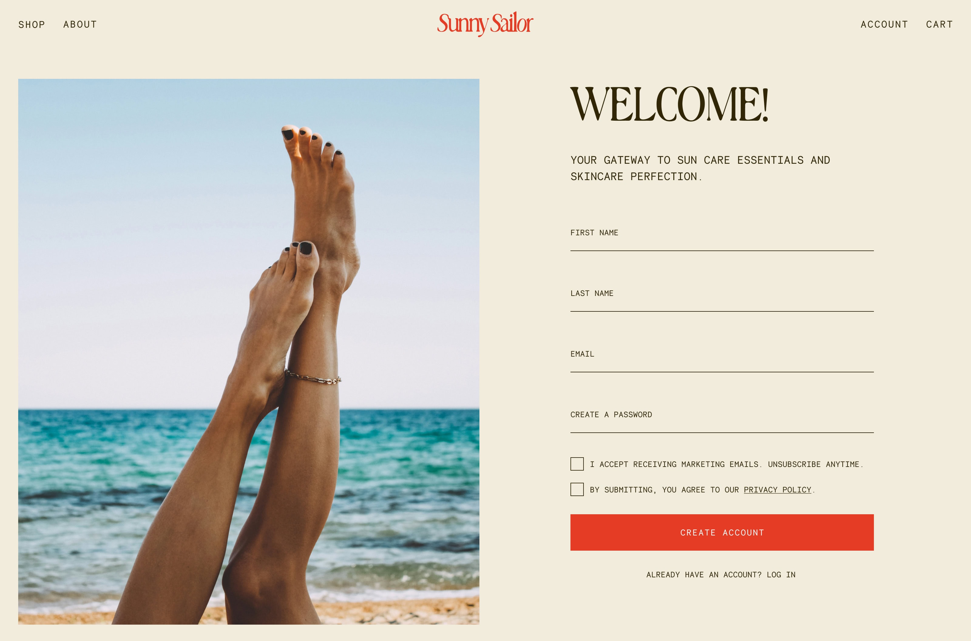 Sunny Sailor Sign Up Page