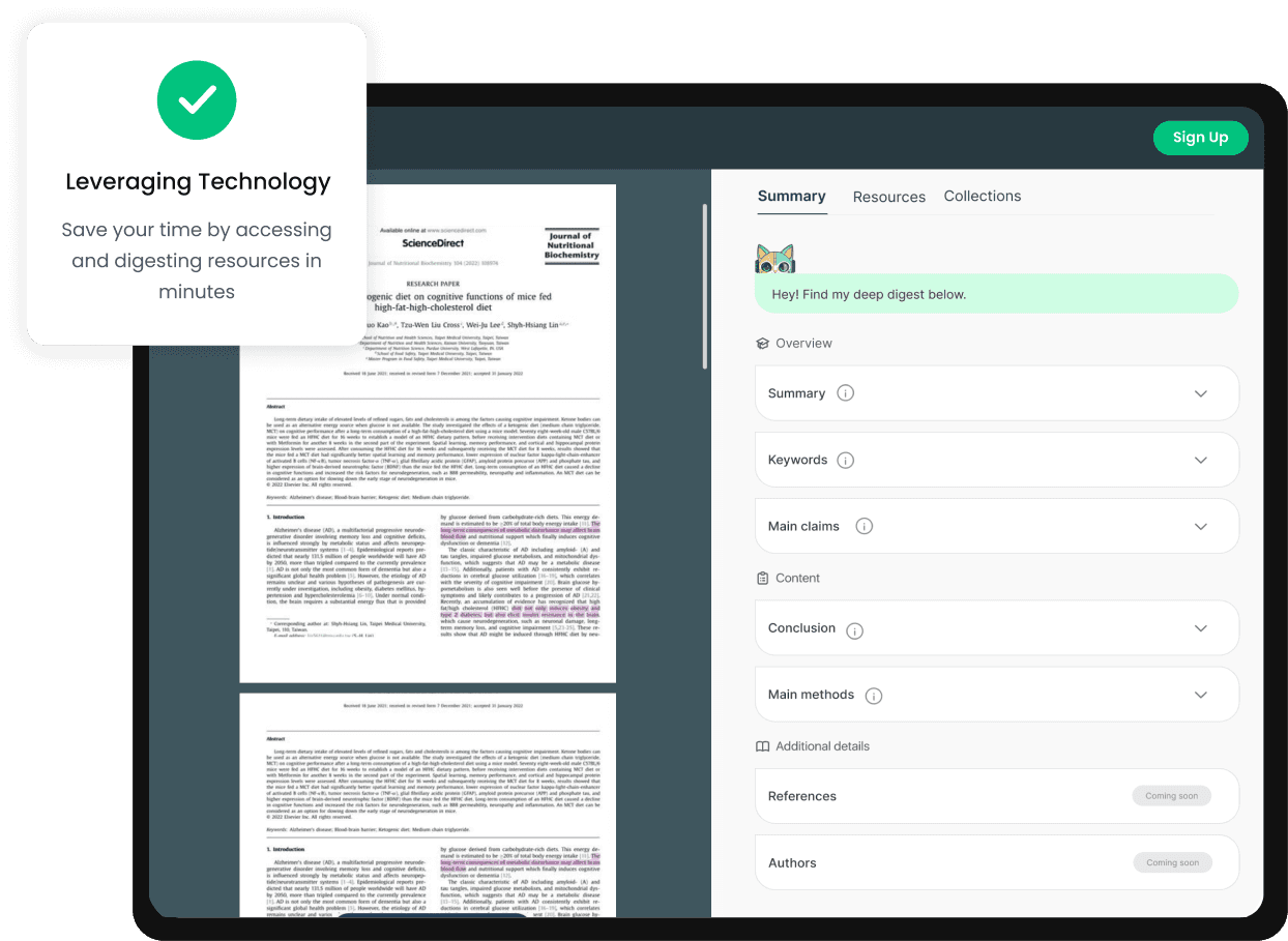 Interface of Intelligent Paper Digest displaying PDF upload feature and generated structured summaries highlighting key concepts, strengths, and weaknesses