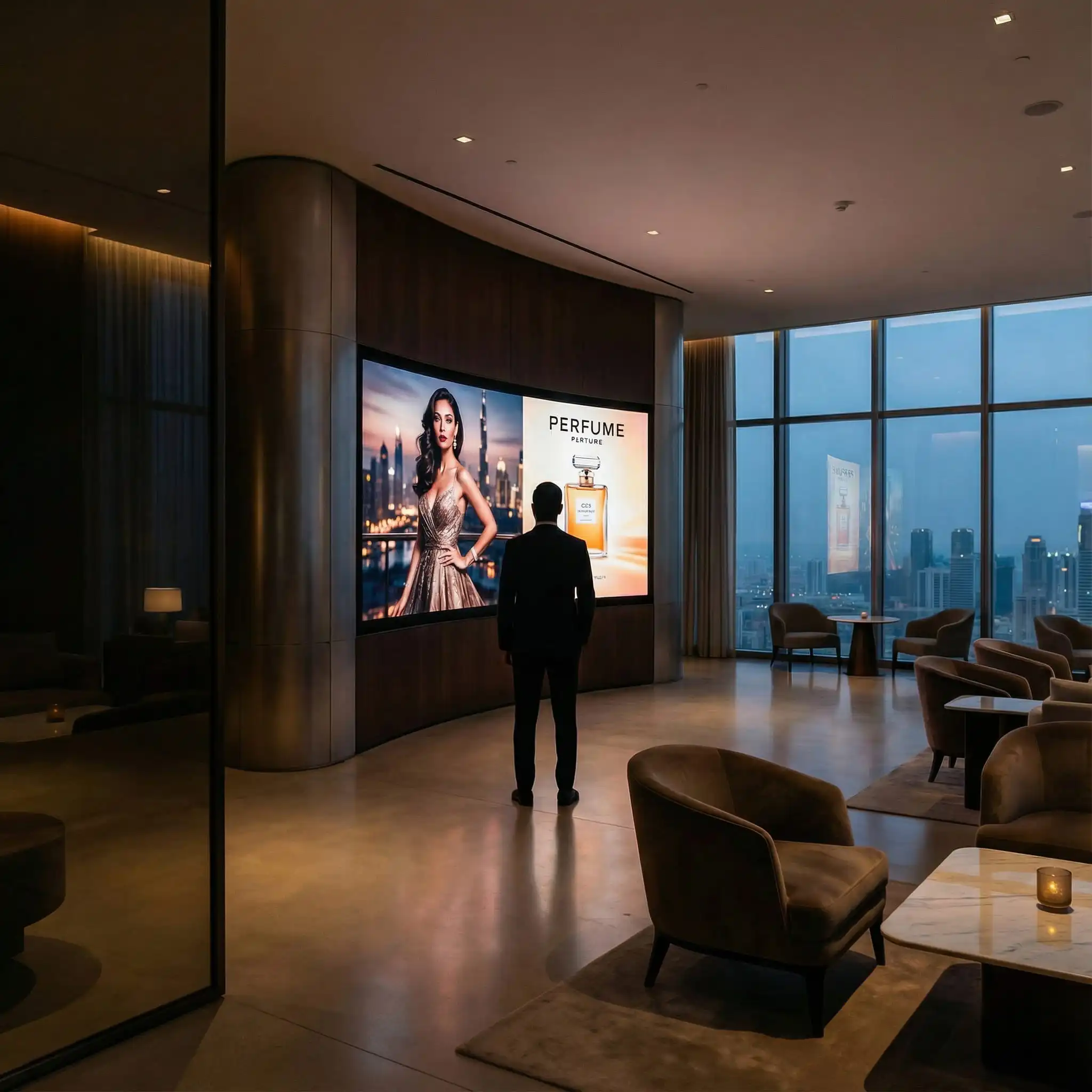 A man in a black suit stands with his back to the camera, facing a large, curved screen displaying a perfume advertisement. The advertisement features a woman in a sparkling gold dress and a bottle of perfume against a backdrop of a city skyline