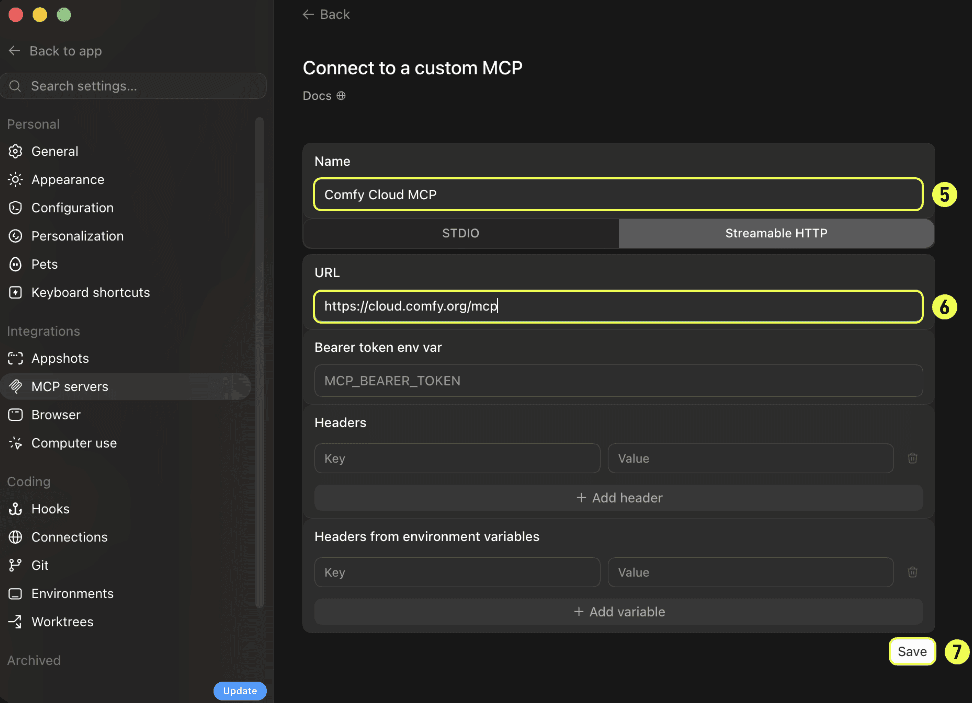 Codex Add MCP Server dialog configured with the Comfy Cloud Streamable HTTP endpoint.